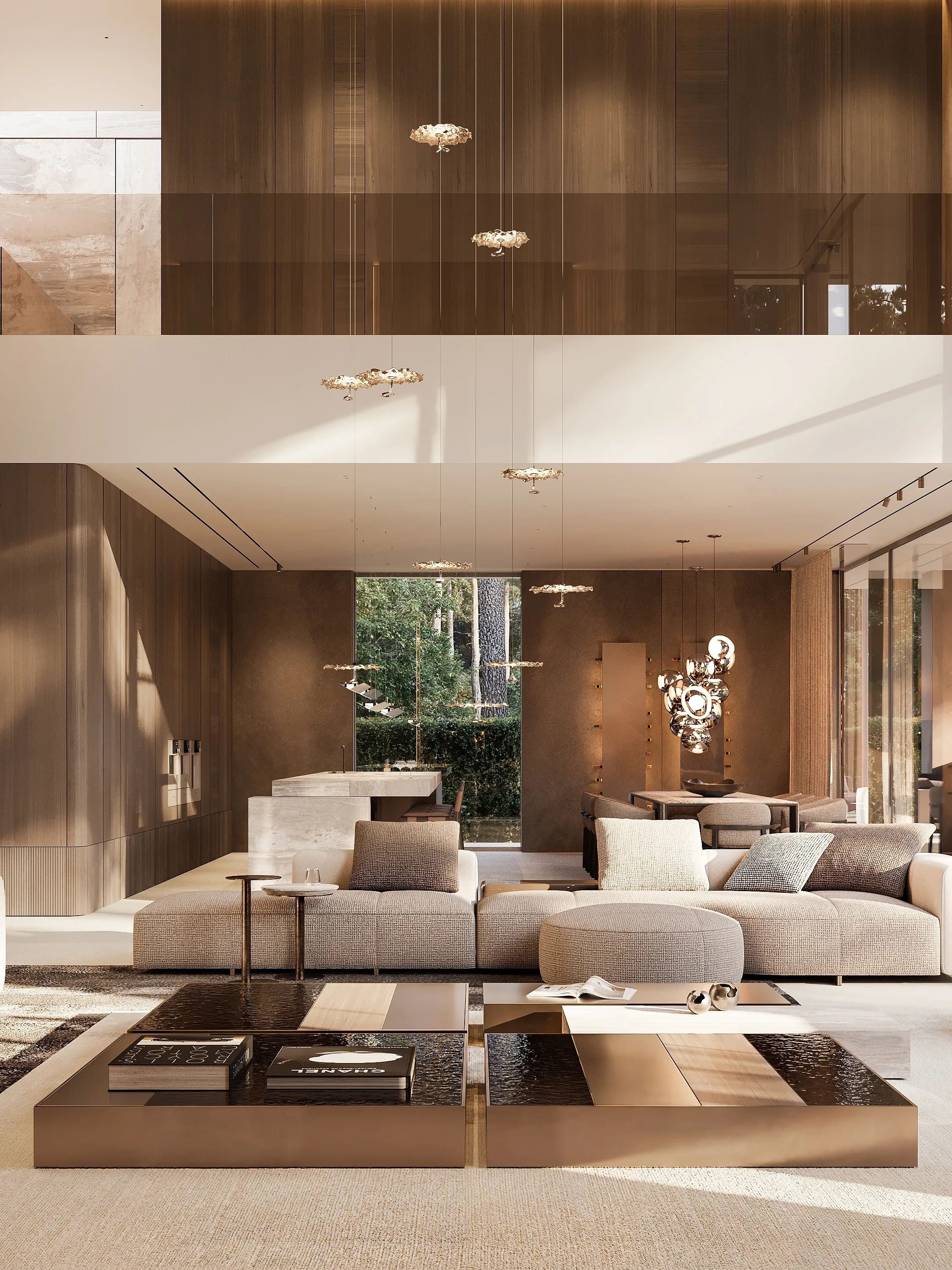 Double-height living room with sofa and forest view beyond glazing, The Evergreen Residence, Warsaw