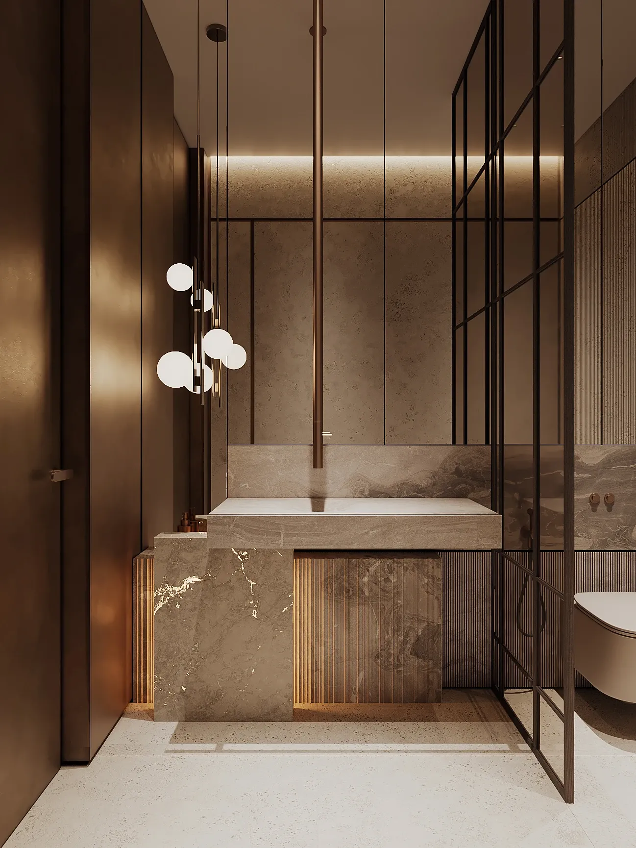 Marble bathroom vanity with fluted wood and glass partition, The Monolith Penthouse, Warsaw