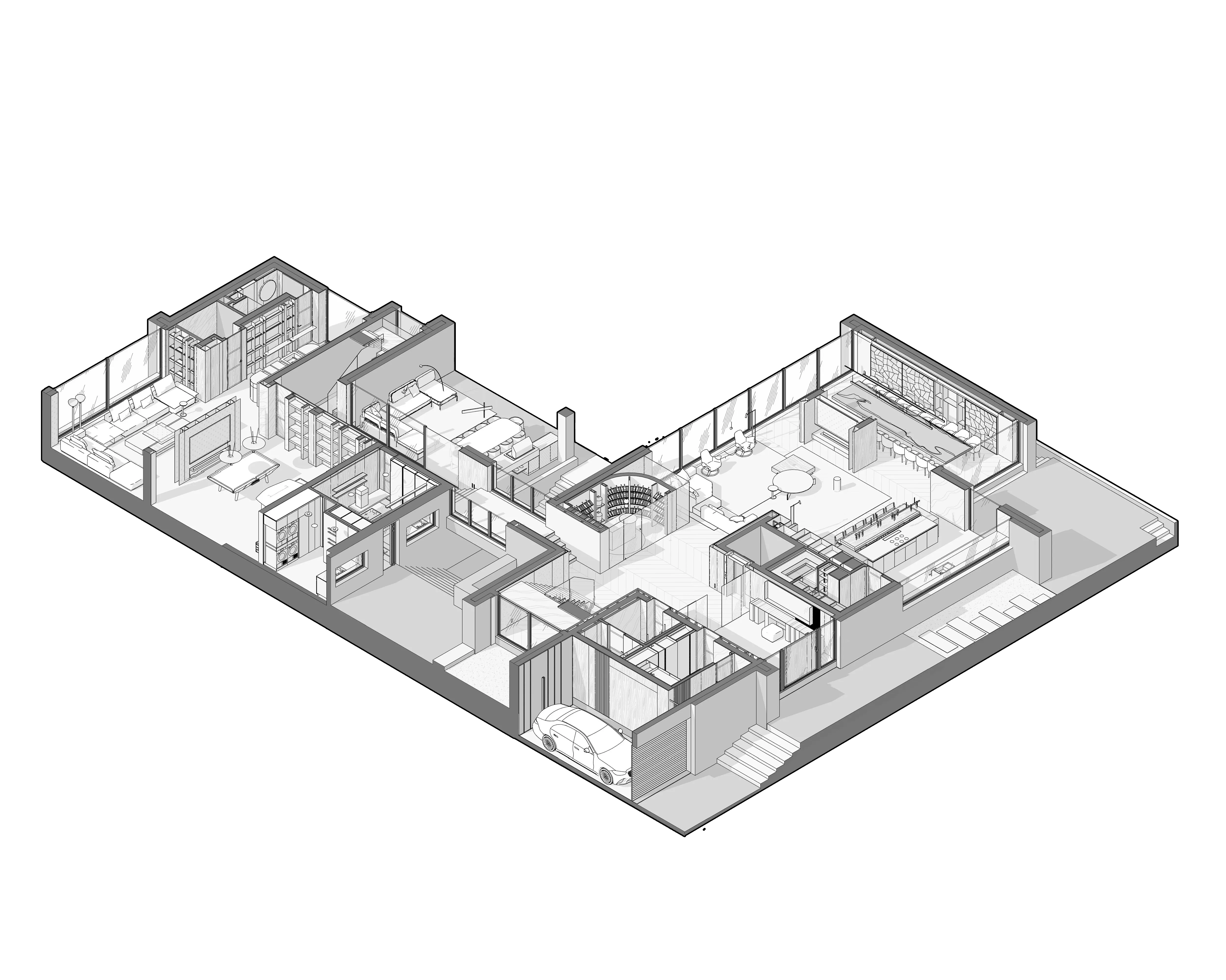 Axonometric floor plan of garage, bedrooms and kitchen layout, The Grand Atrium Mansion, Poland