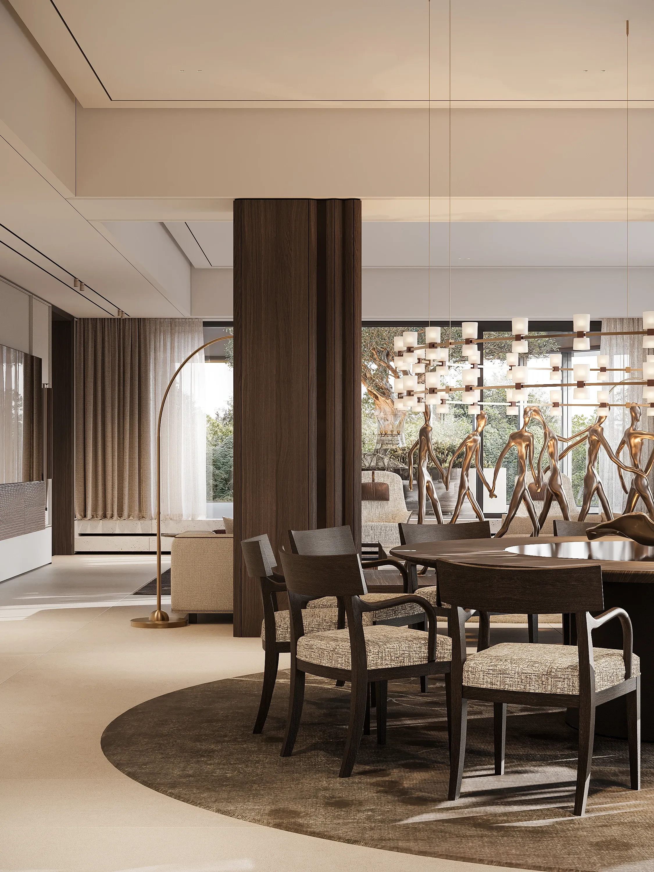 Dining room with wood table, bronze figure sculptures and bead chandelier, The Horizon Residence, Hong Kong
