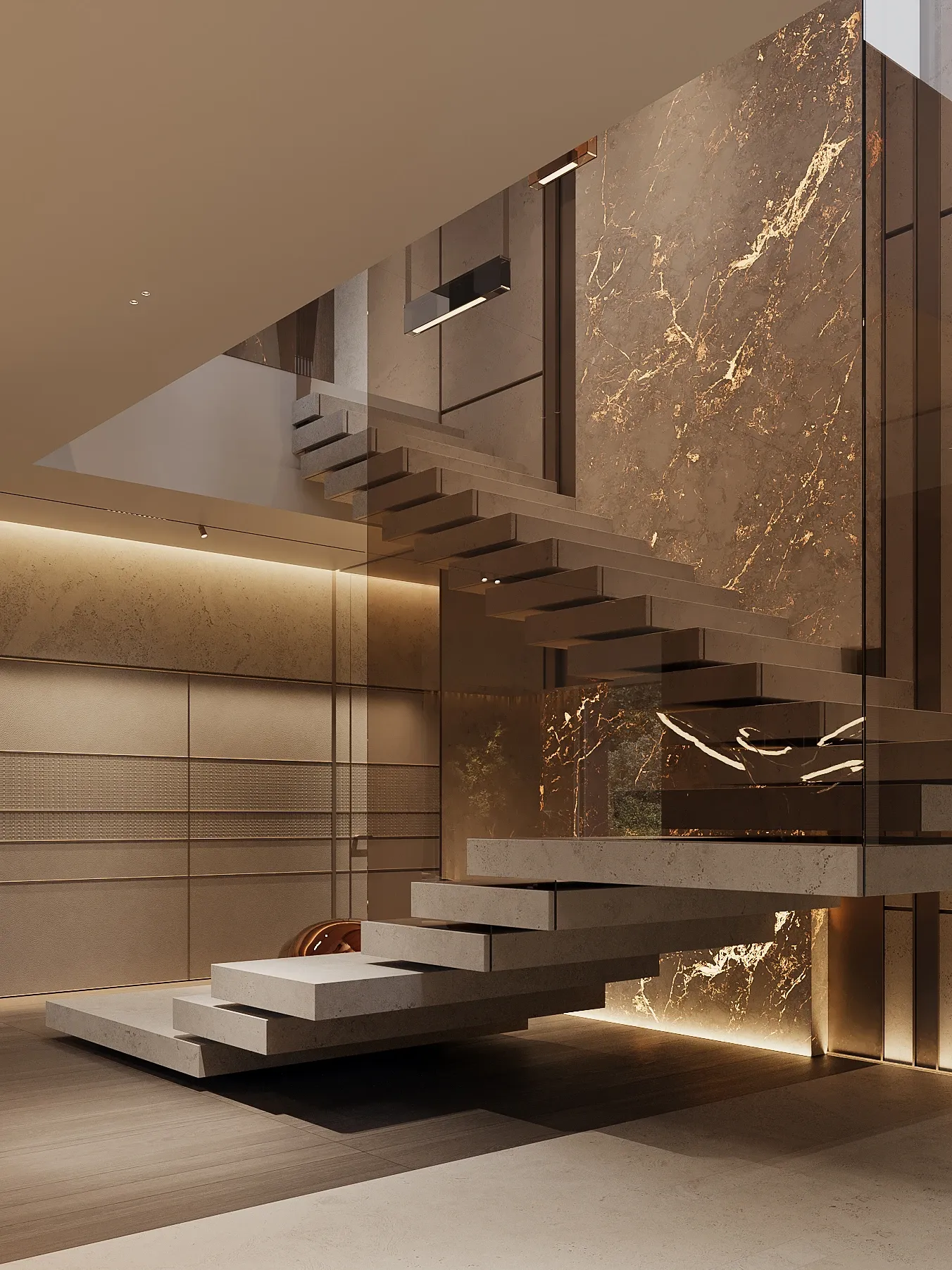 Floating staircase with gold-veined marble wall, The Monolith Penthouse, Warsaw