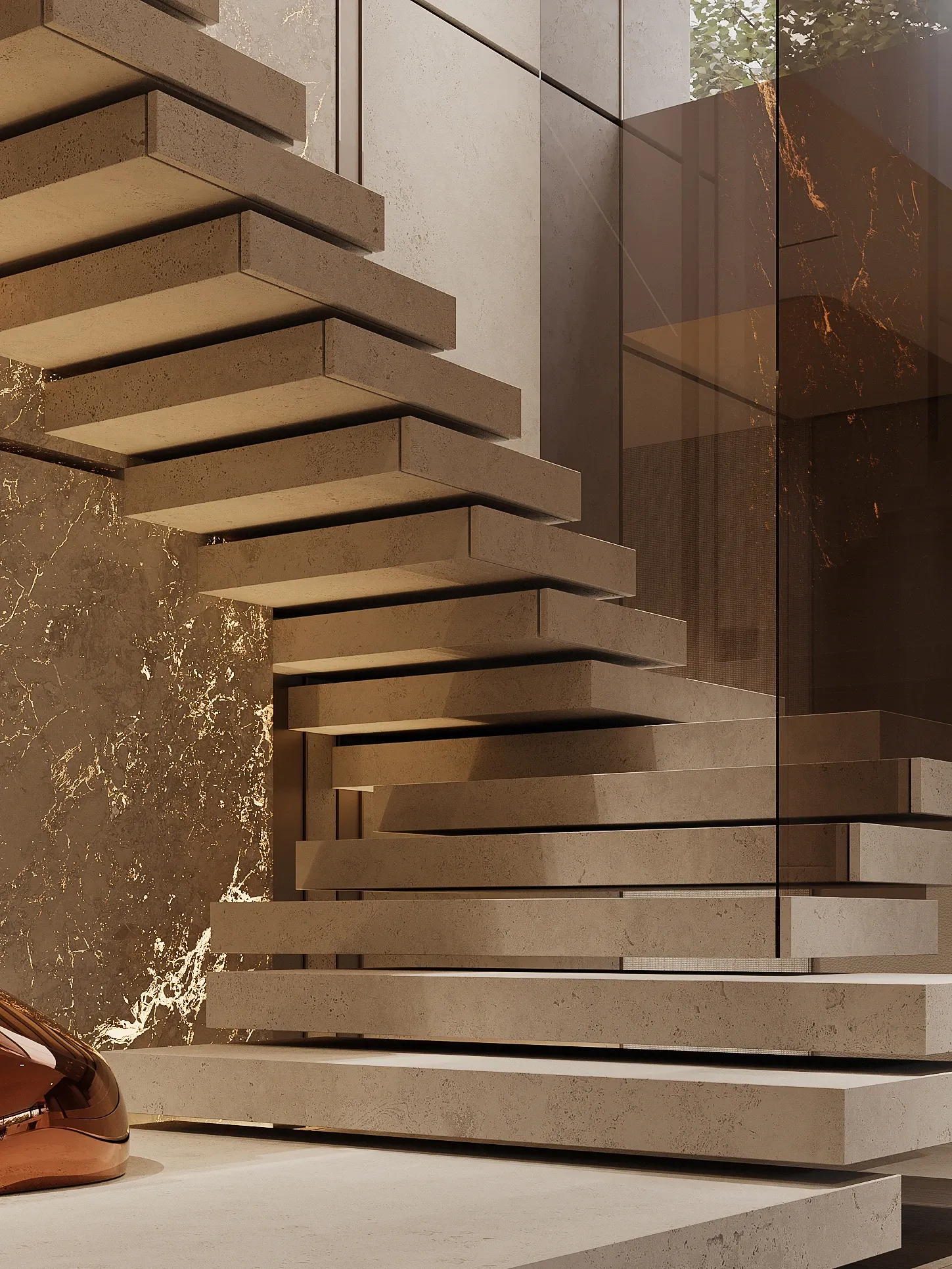 Floating cantilevered stone staircase beside veined marble wall, The Monolith Penthouse, Warsaw