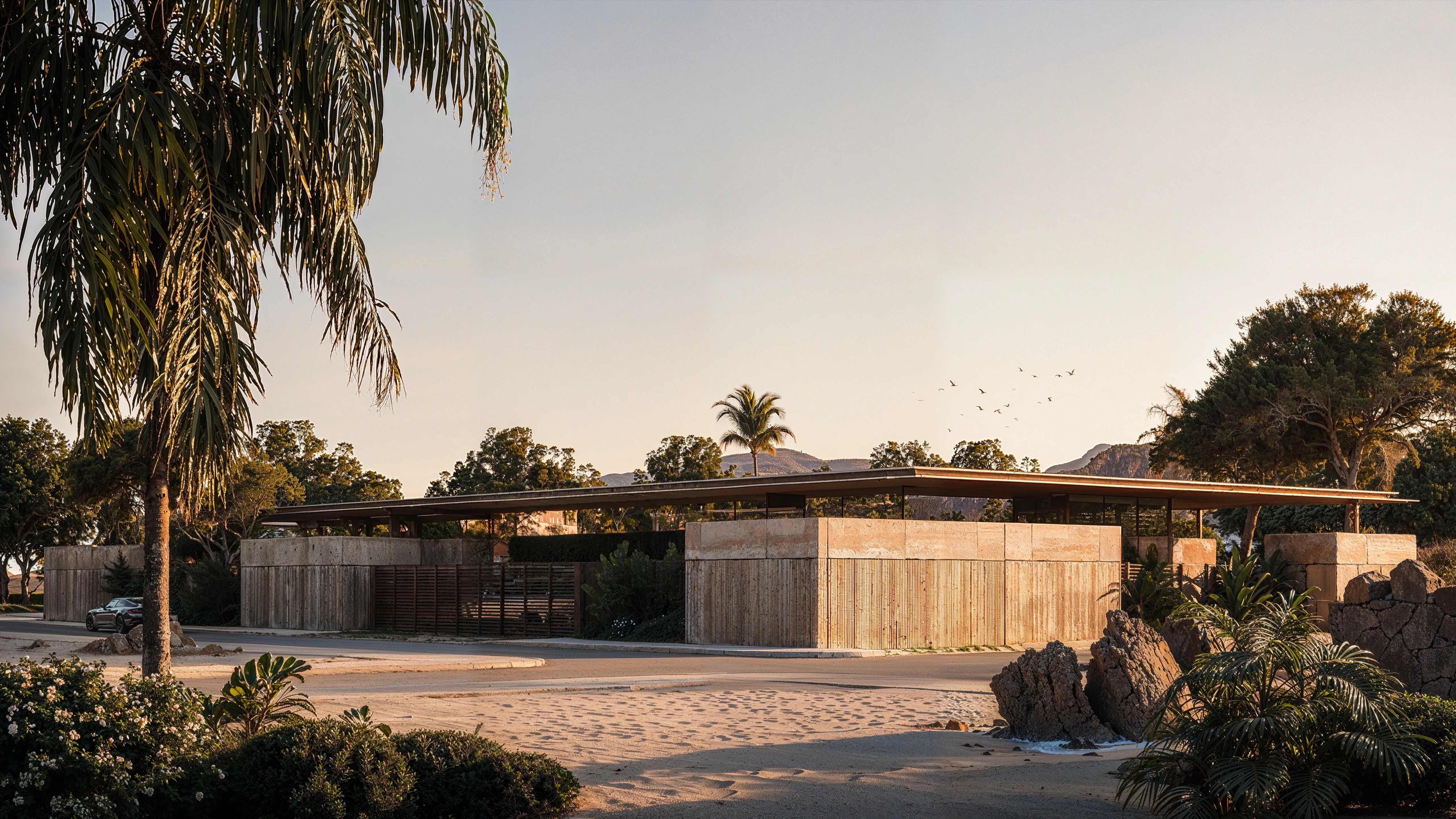 Stone-clad pavilion with slender flat roof amid desert landscaping and boulders, The Desert Pavilion, Riyadh