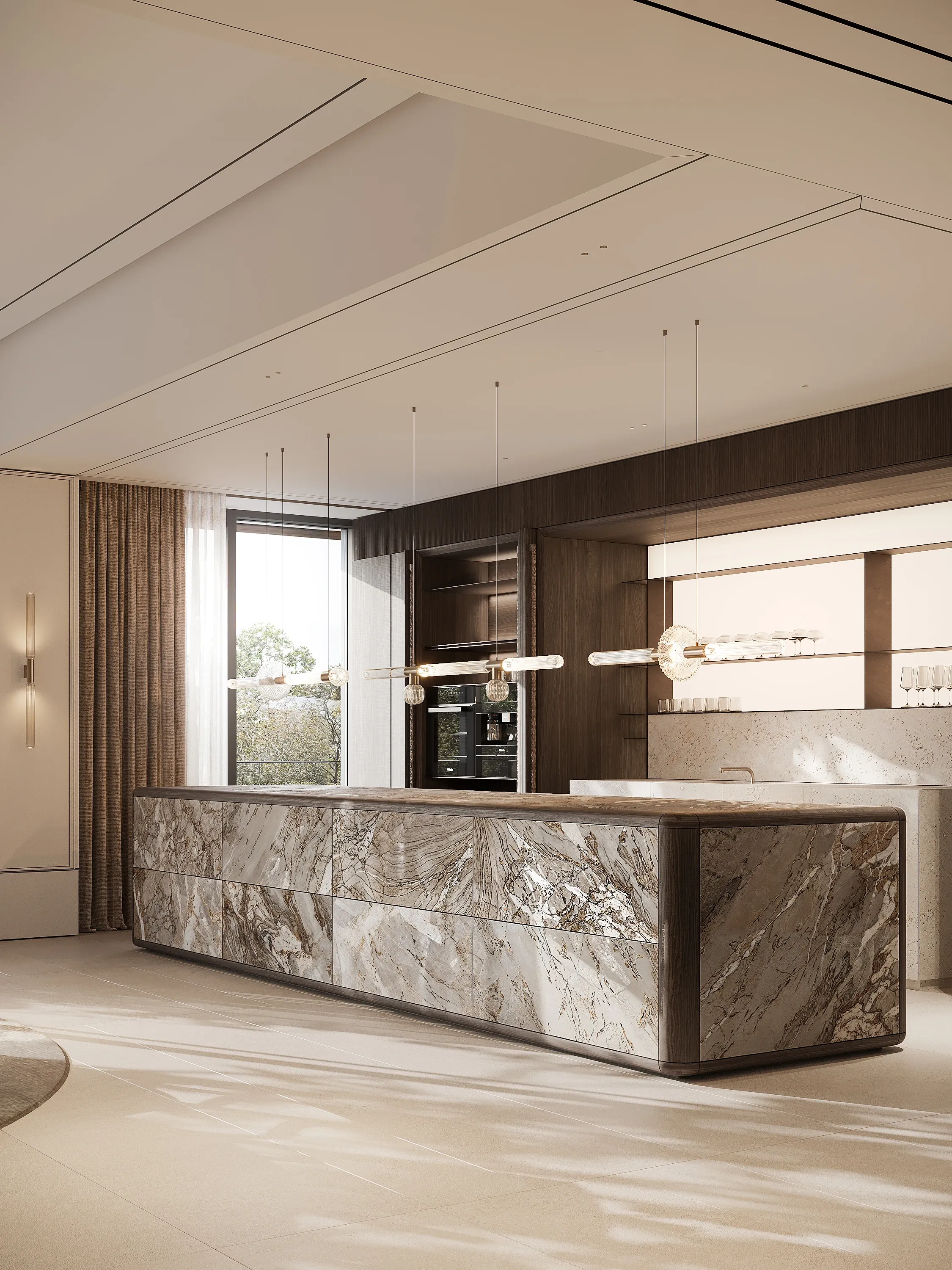 Kitchen island in veined marble with pendant lighting and dark cabinetry, The Horizon Residence, Hong Kong