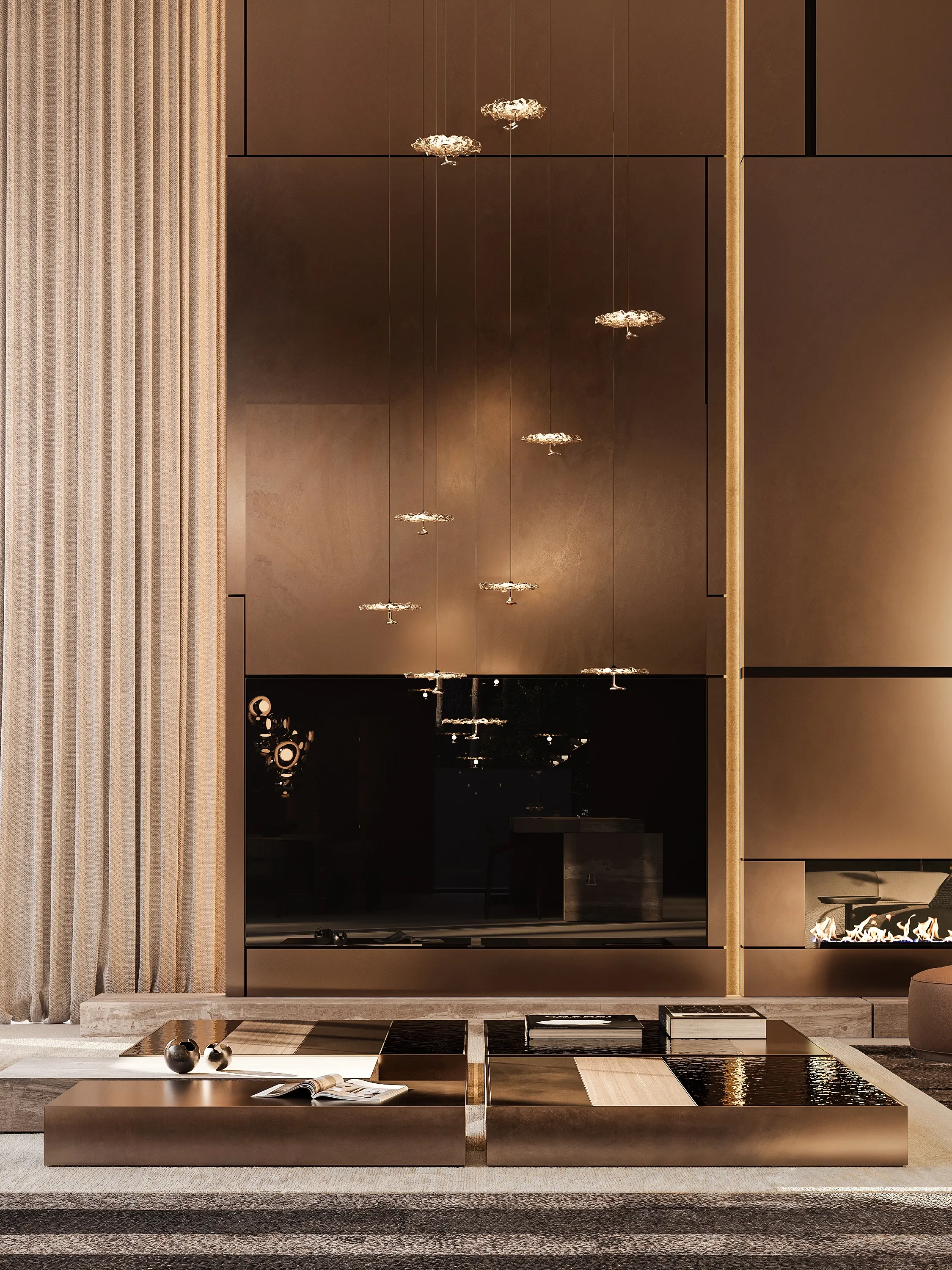 Bronze panelled fireplace wall with sculptural pendant lights, The Evergreen Residence, Warsaw