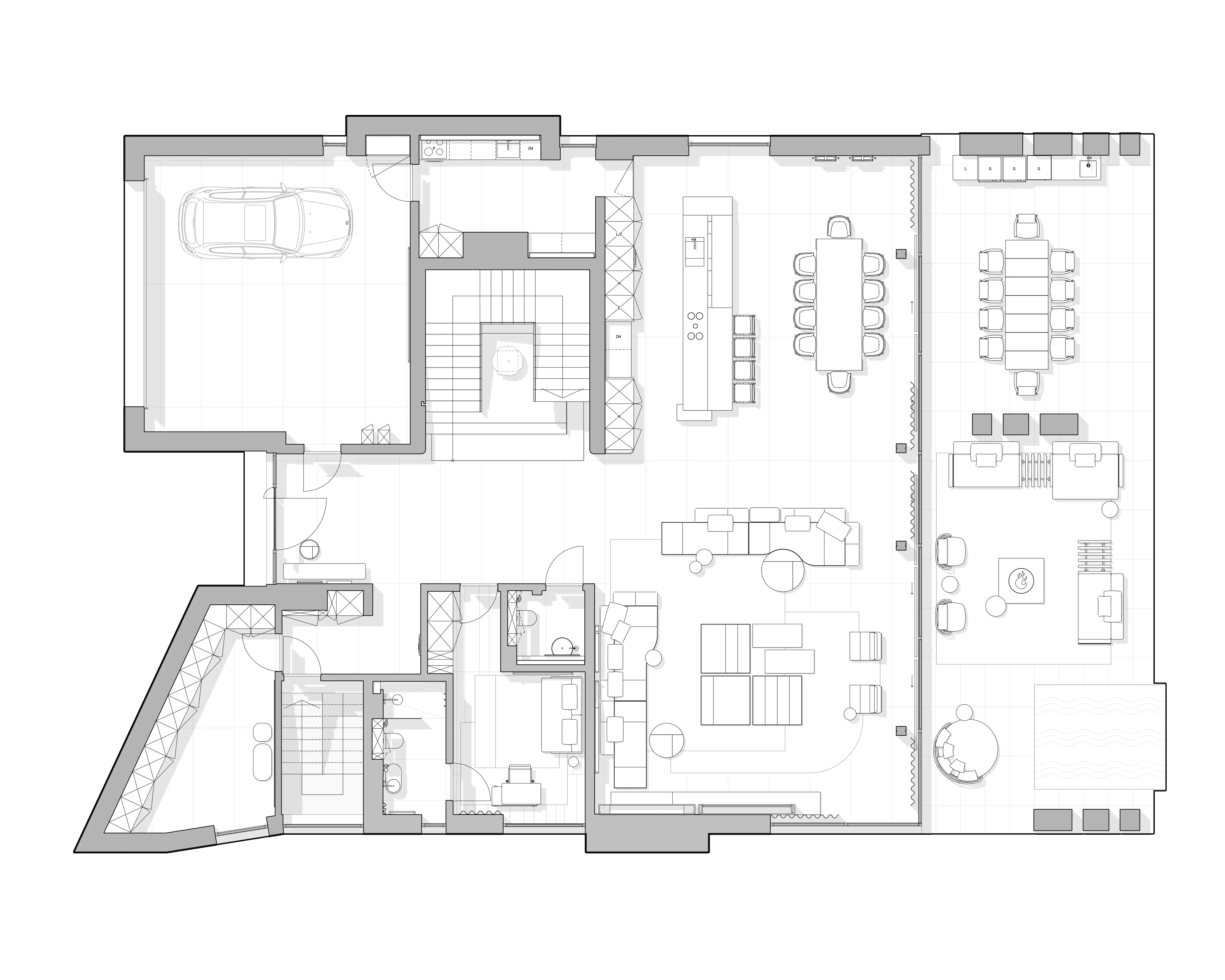 Ground floor plan showing garage, kitchen, dining and living layout, The Evergreen Residence, Warsaw