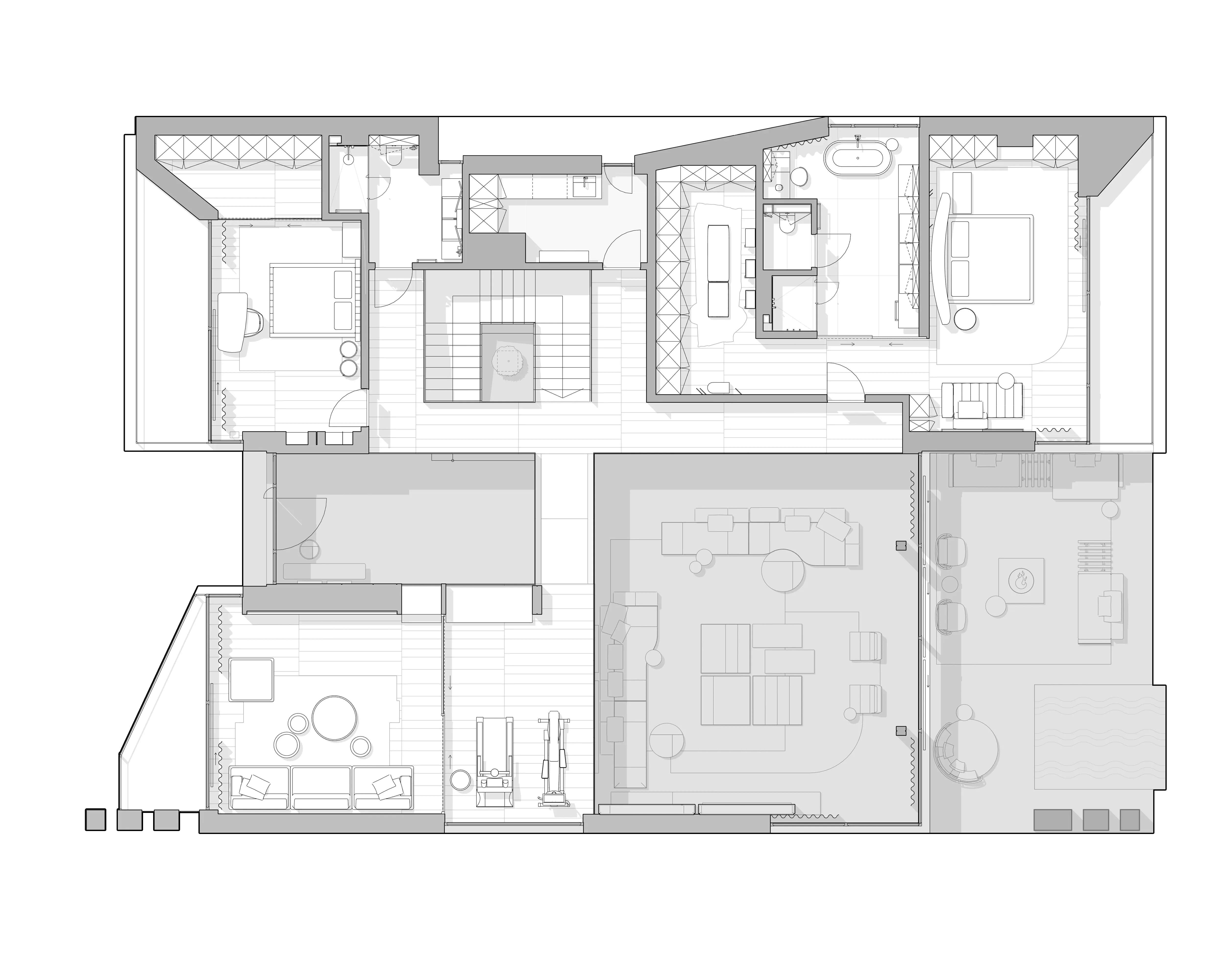 Floor plan of bedrooms, living and terrace layout, The Evergreen Residence, Warsaw