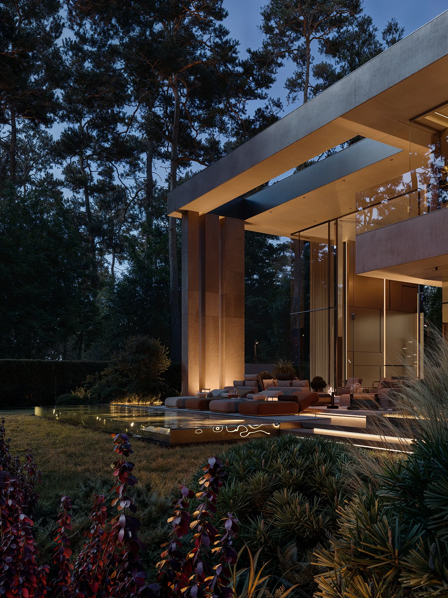 Cantilevered villa terrace with reflecting pool and forest backdrop at dusk, The Evergreen Residence, Warsaw