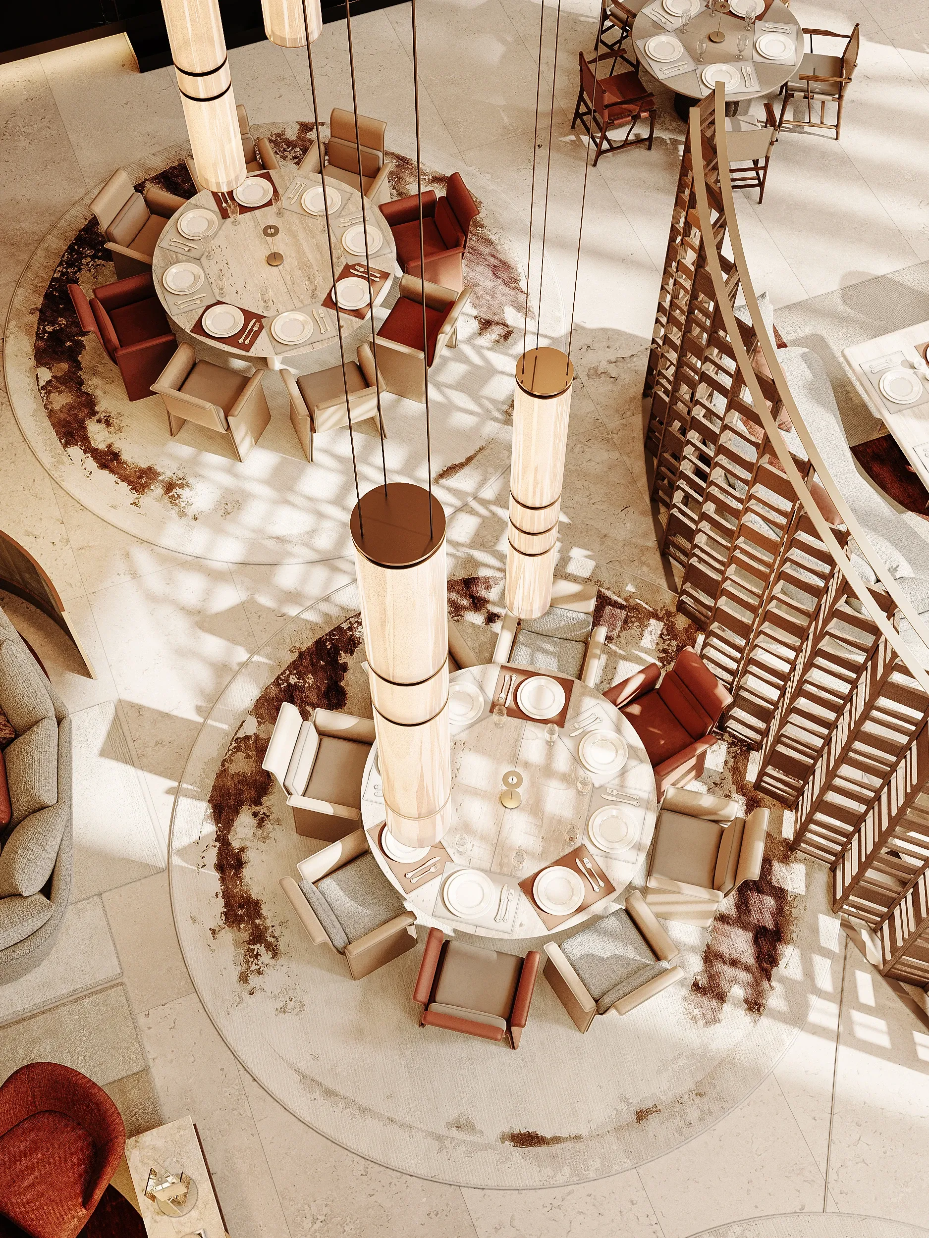 Aerial view of round dining tables beneath pendant lights, Masaya Restaurant, The Ritz-Carlton Bahrain