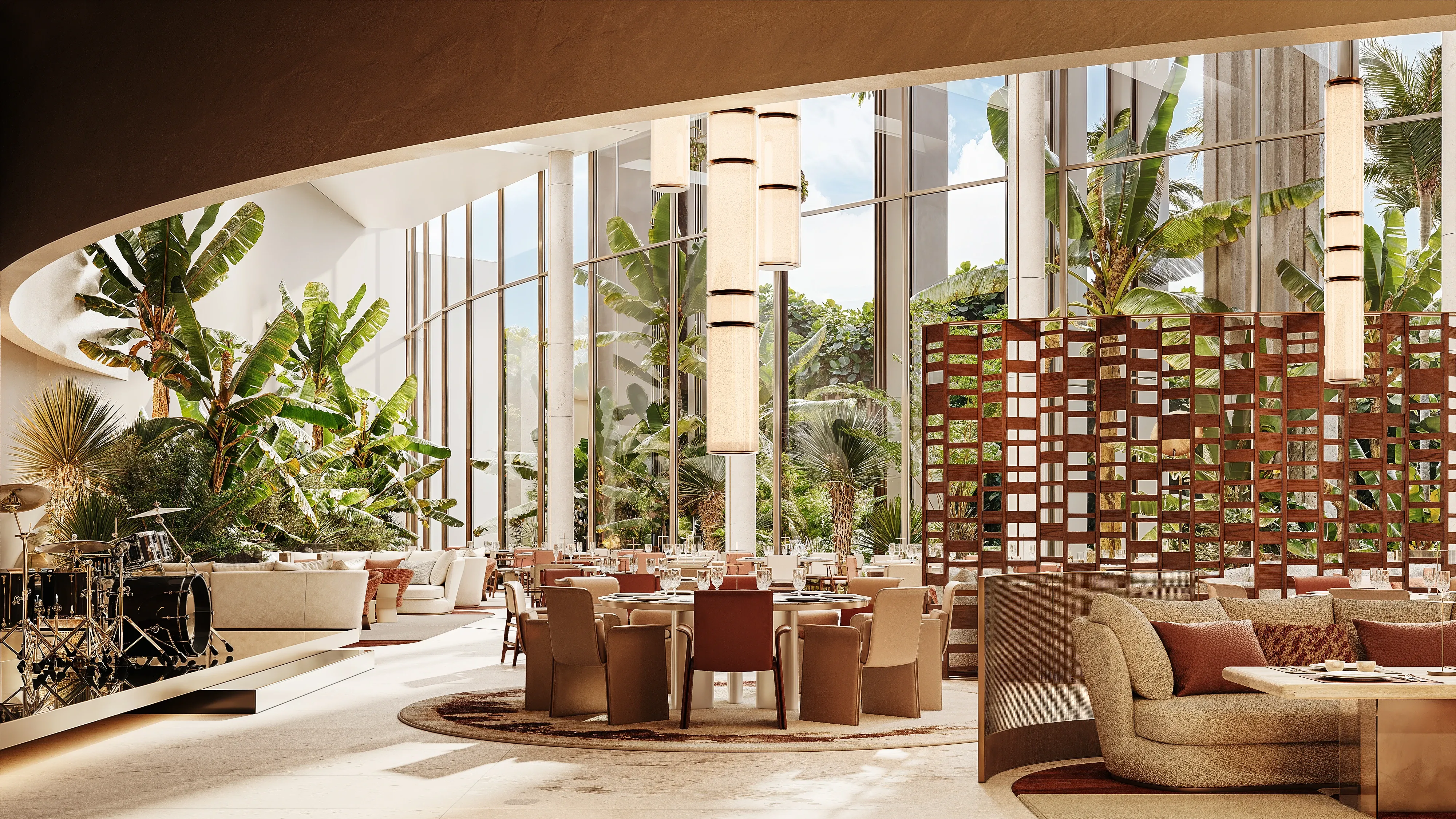Restaurant dining hall with tropical palms and tube pendants, Masaya Restaurant, The Ritz-Carlton Bahrain