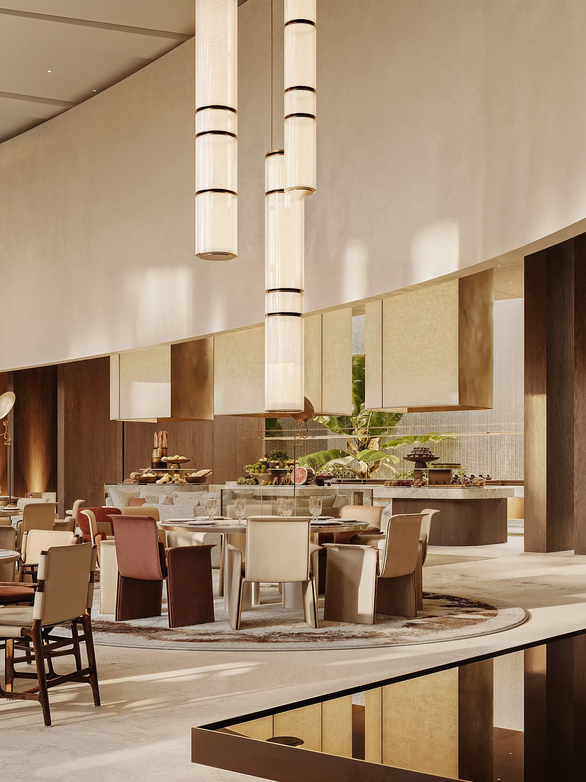 Curved dining hall with cylindrical pendant lights and open show kitchen, Masaya Restaurant, The Ritz-Carlton Bahrain