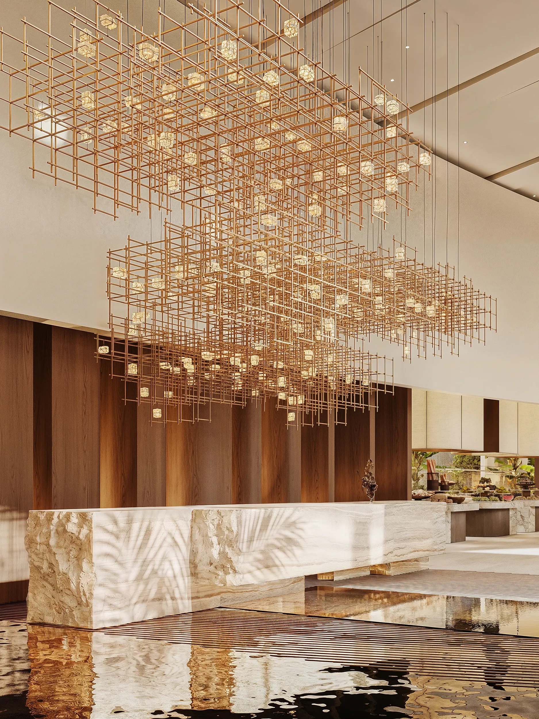 Suspended gold grid chandelier above travertine counter and water pool, Masaya Restaurant, The Ritz-Carlton Bahrain
