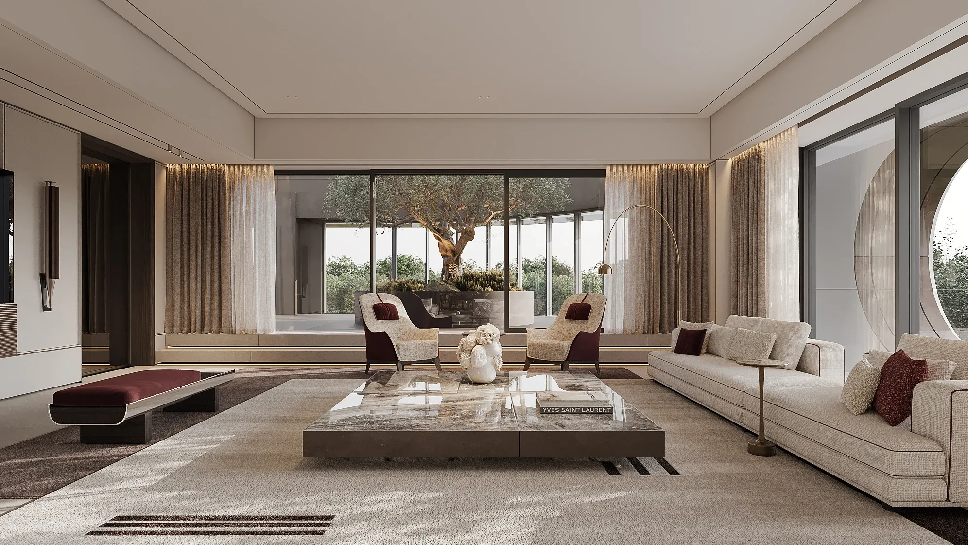 Living room with marble coffee table and garden view through moon window, The Horizon Residence, Hong Kong