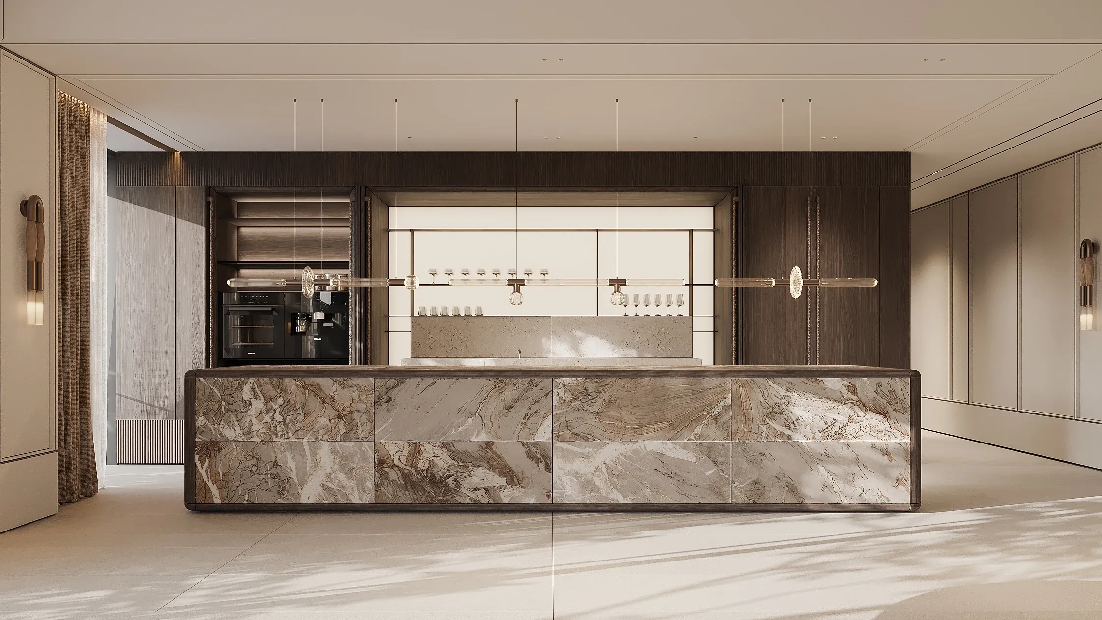 Bar counter with bookmatched marble front and dark wood cabinetry, The Horizon Residence, Hong Kong