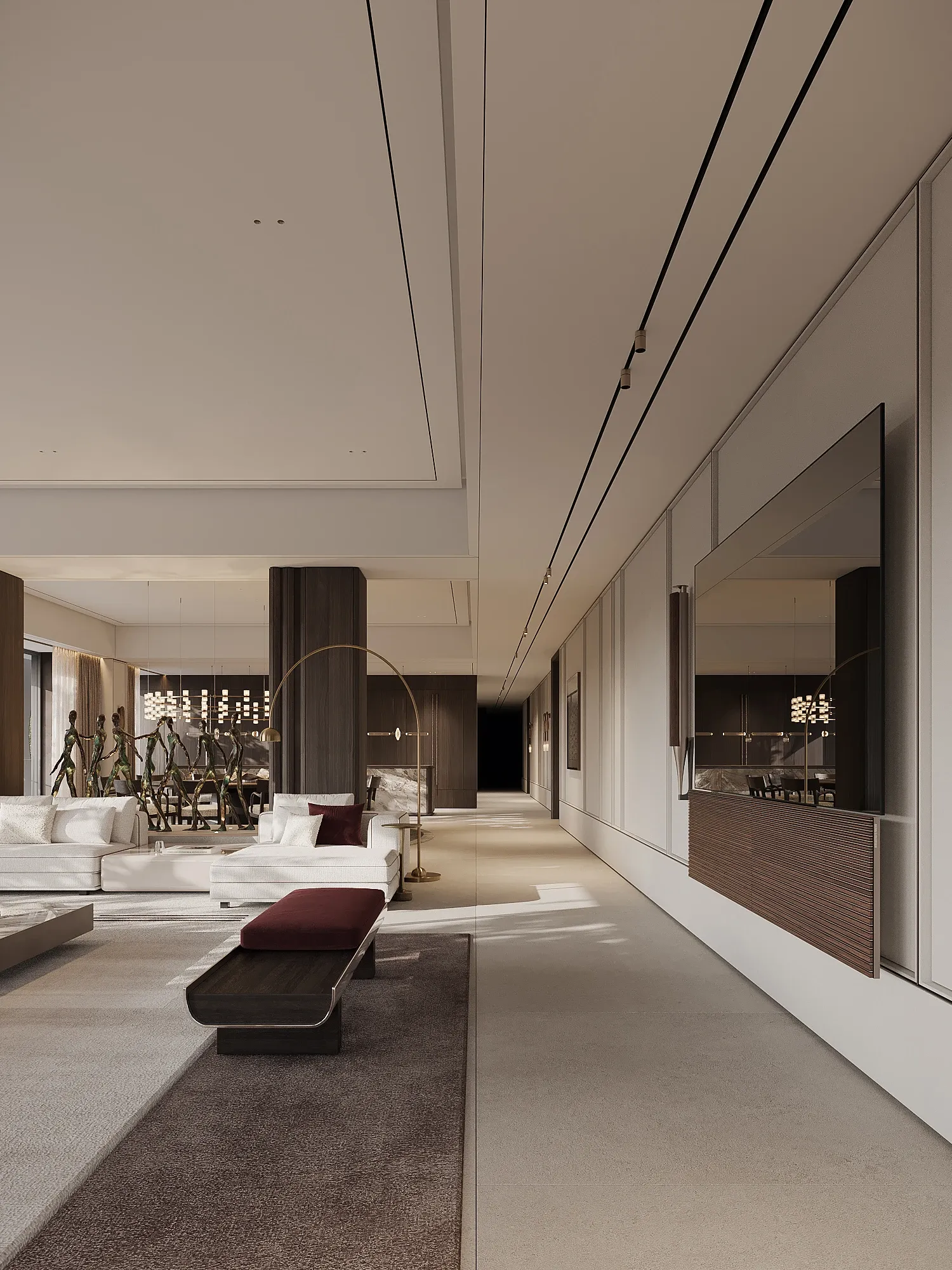 Paneled hallway leading to lounge with white sofas and dark bench, The Horizon Residence, Hong Kong