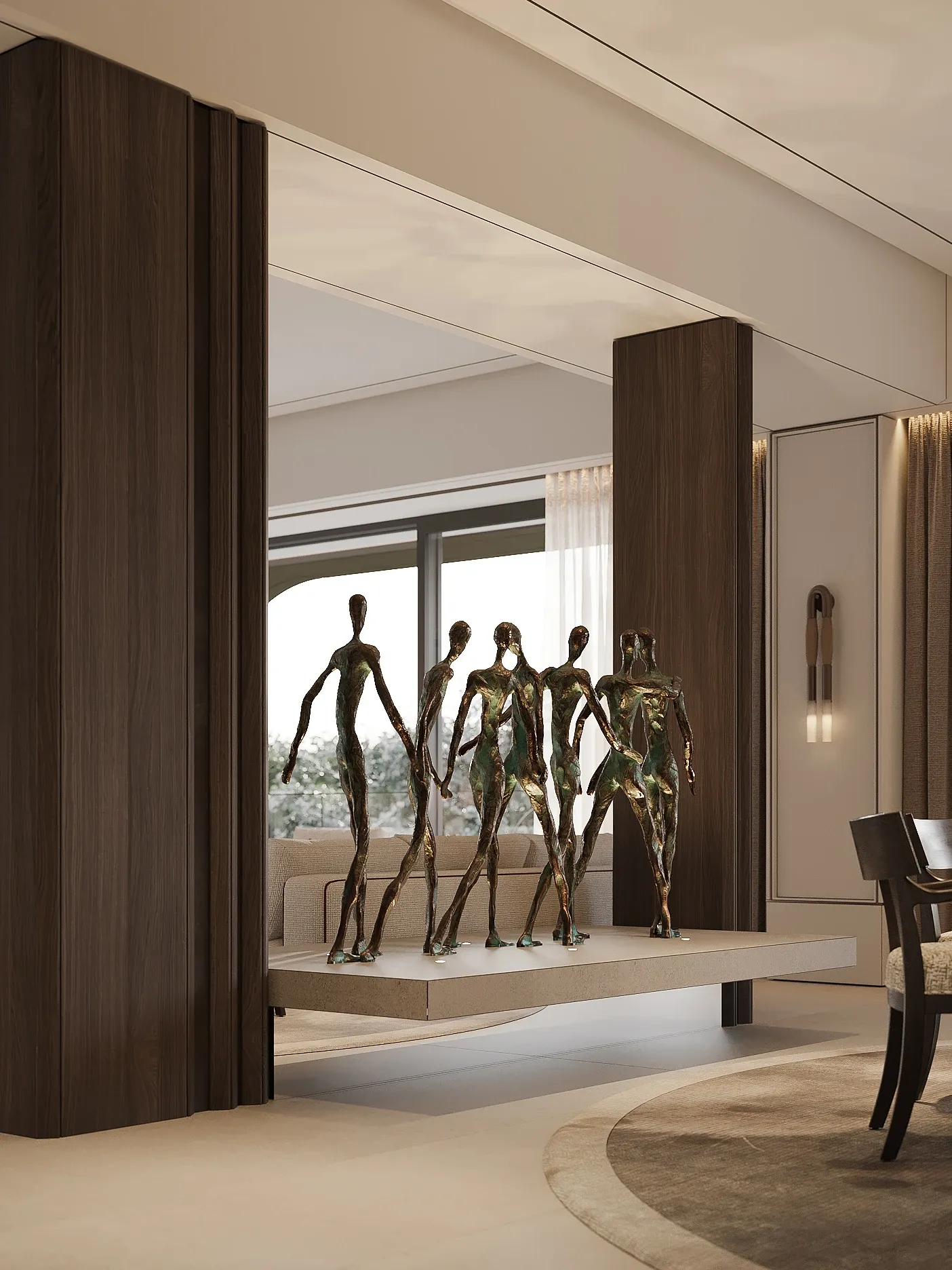 Bronze figure sculptures displayed on floating shelf in wood-panelled hallway, The Horizon Residence, Hong Kong