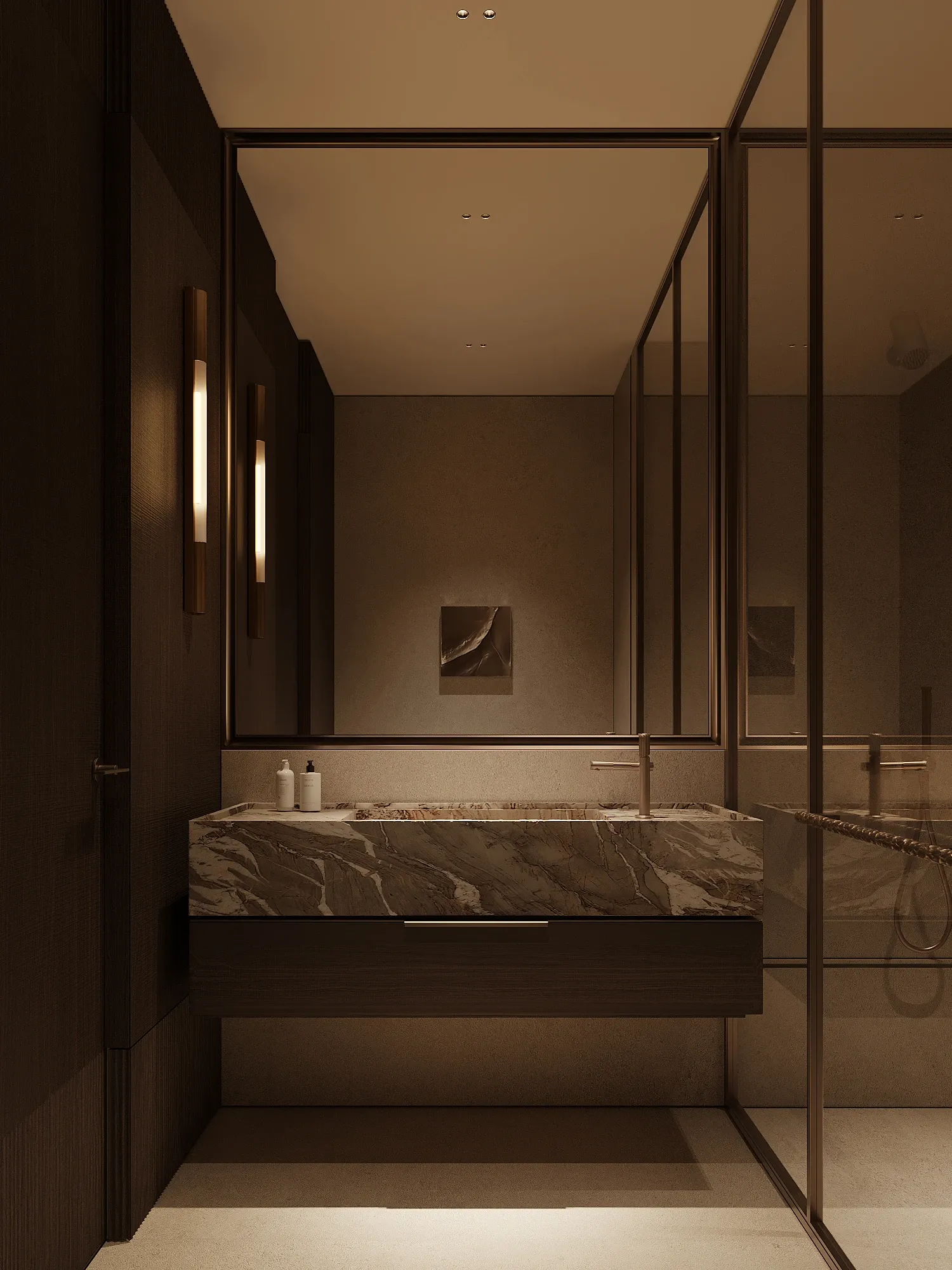 Bathroom with marble vanity, large mirror and glass-enclosed shower, The Horizon Residence, Hong Kong