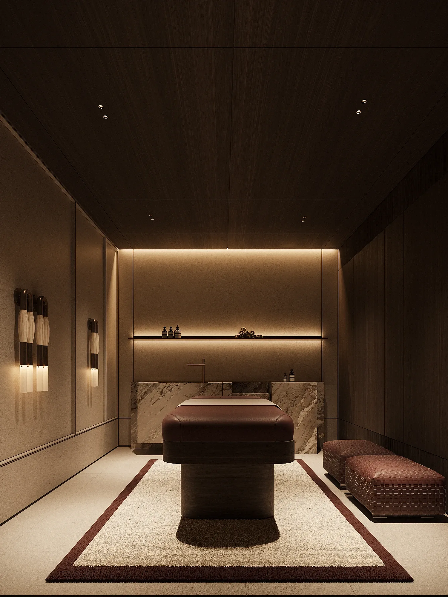 Private spa room with leather massage table and backlit stone shelf, The Horizon Residence, Hong Kong