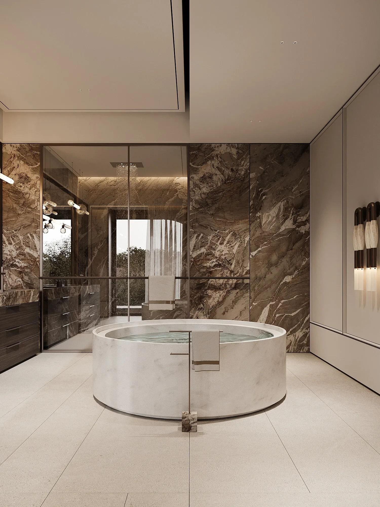 Marble bathroom with round soaking tub and veined stone wall, The Horizon Residence, Hong Kong