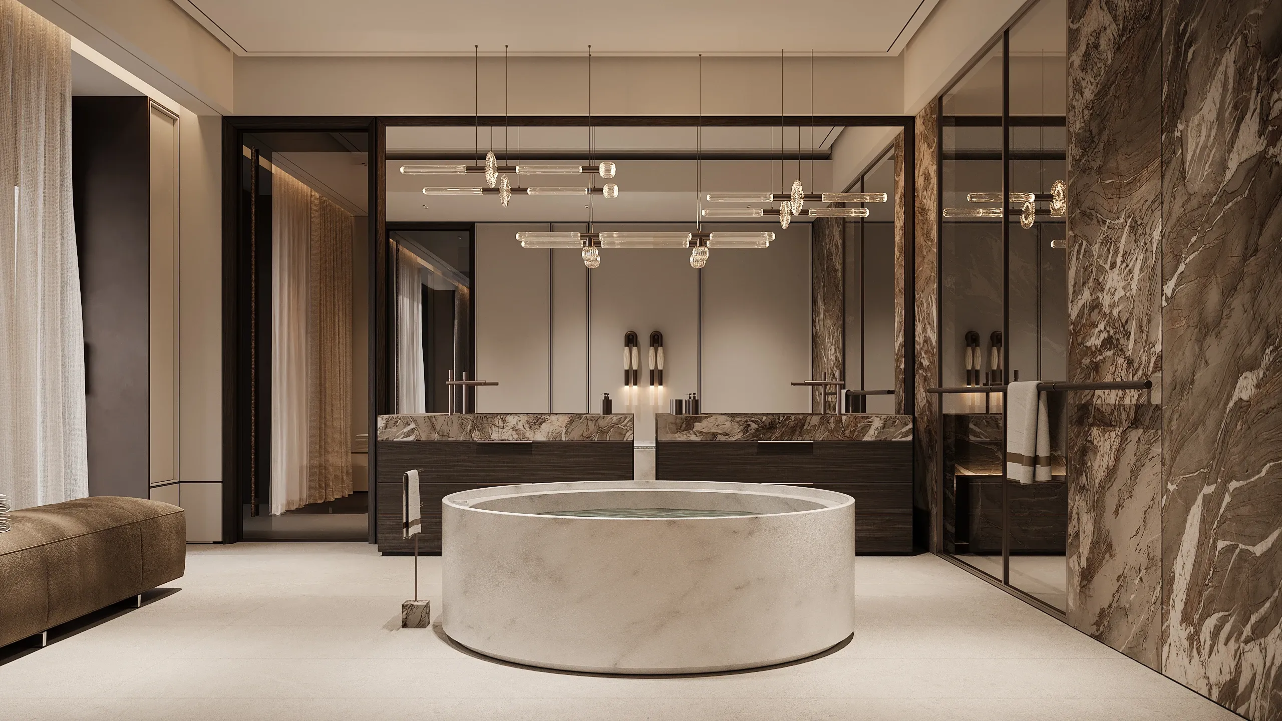 Bathroom with circular marble tub beneath linear pendant lighting, The Horizon Residence, Hong Kong