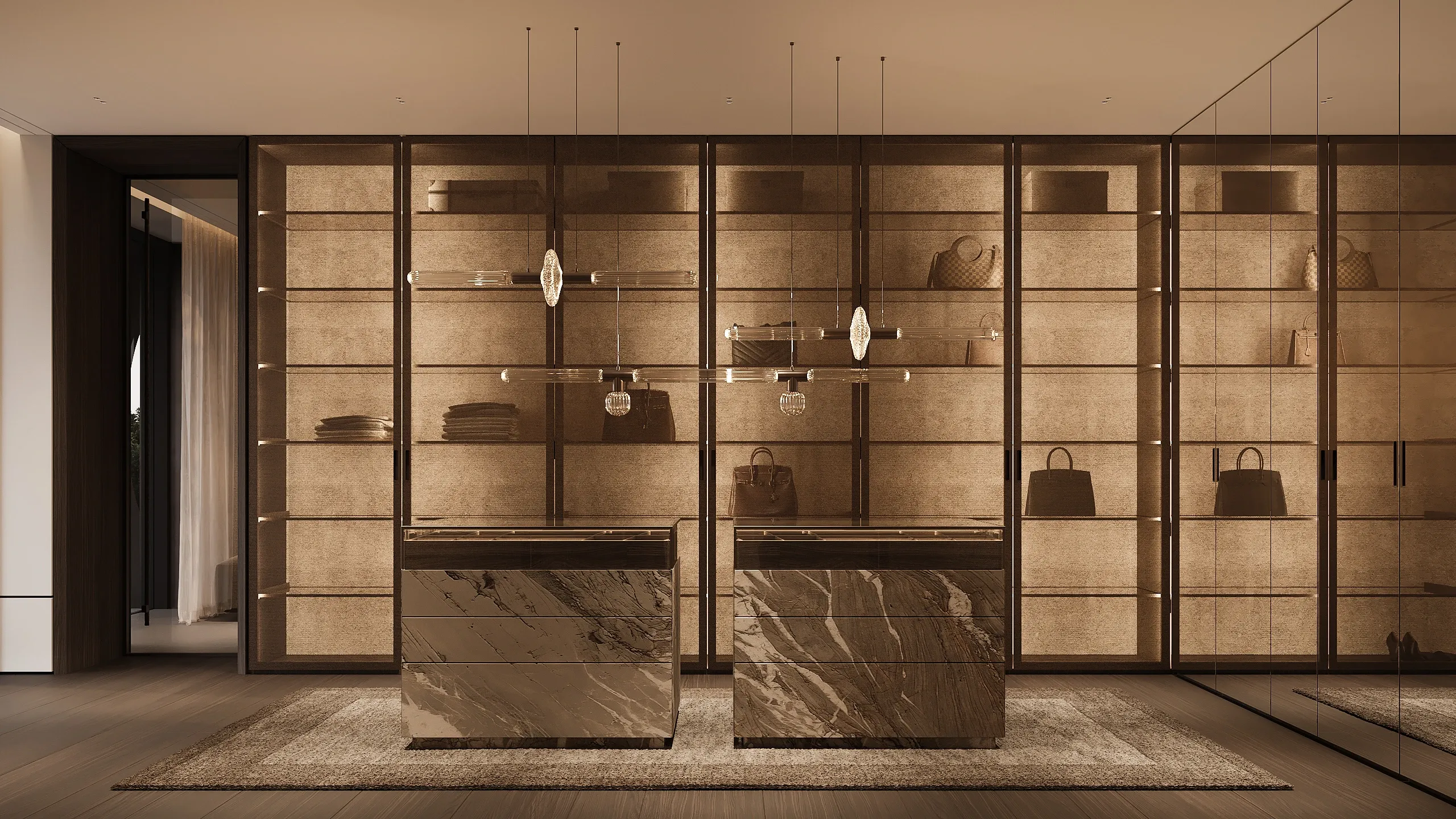 Walk-in closet with lit glass shelving and marble display islands, The Horizon Residence, Hong Kong