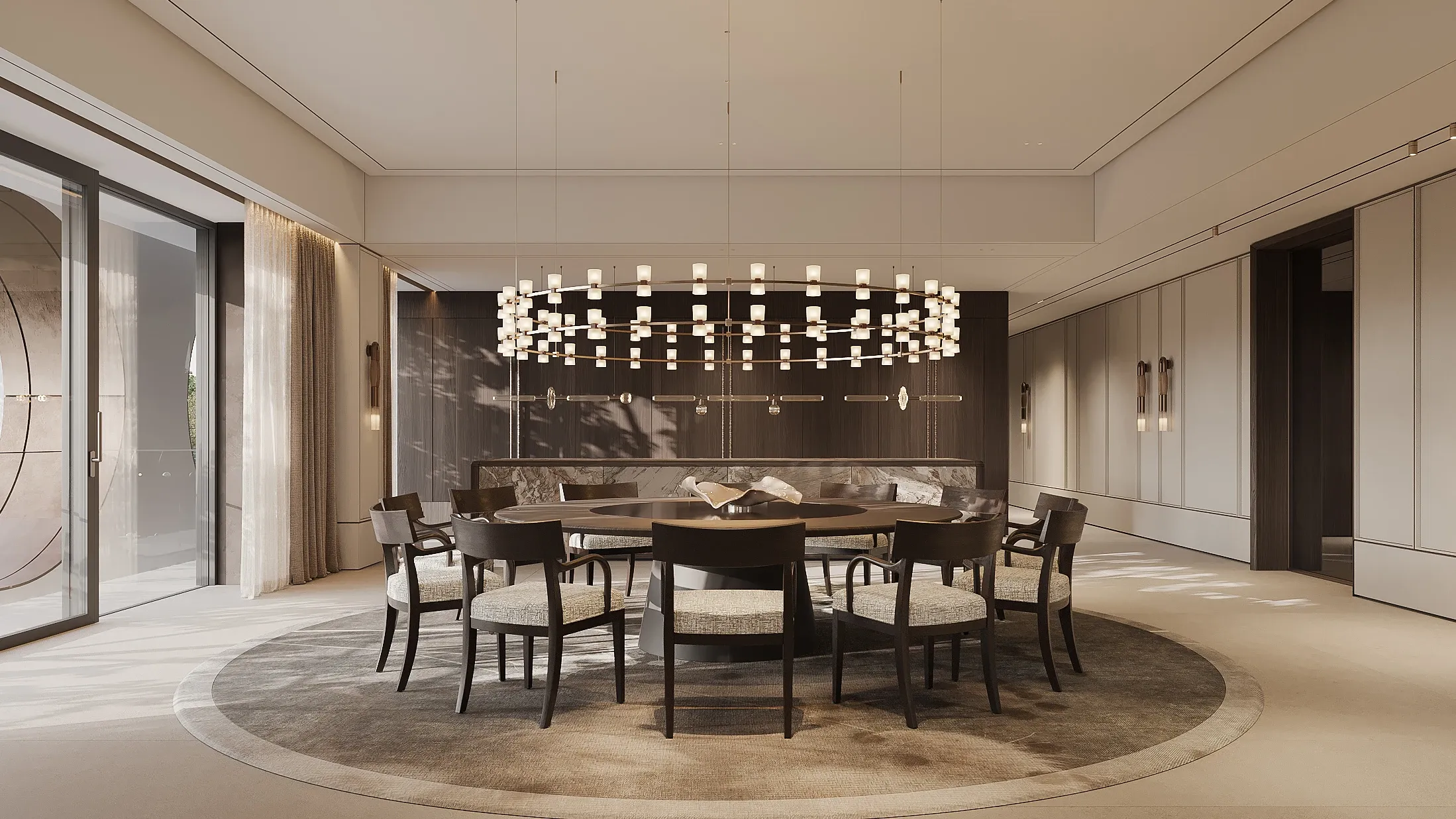 Dining room with round table, sculptural chandelier and moon window, The Horizon Residence, Hong Kong