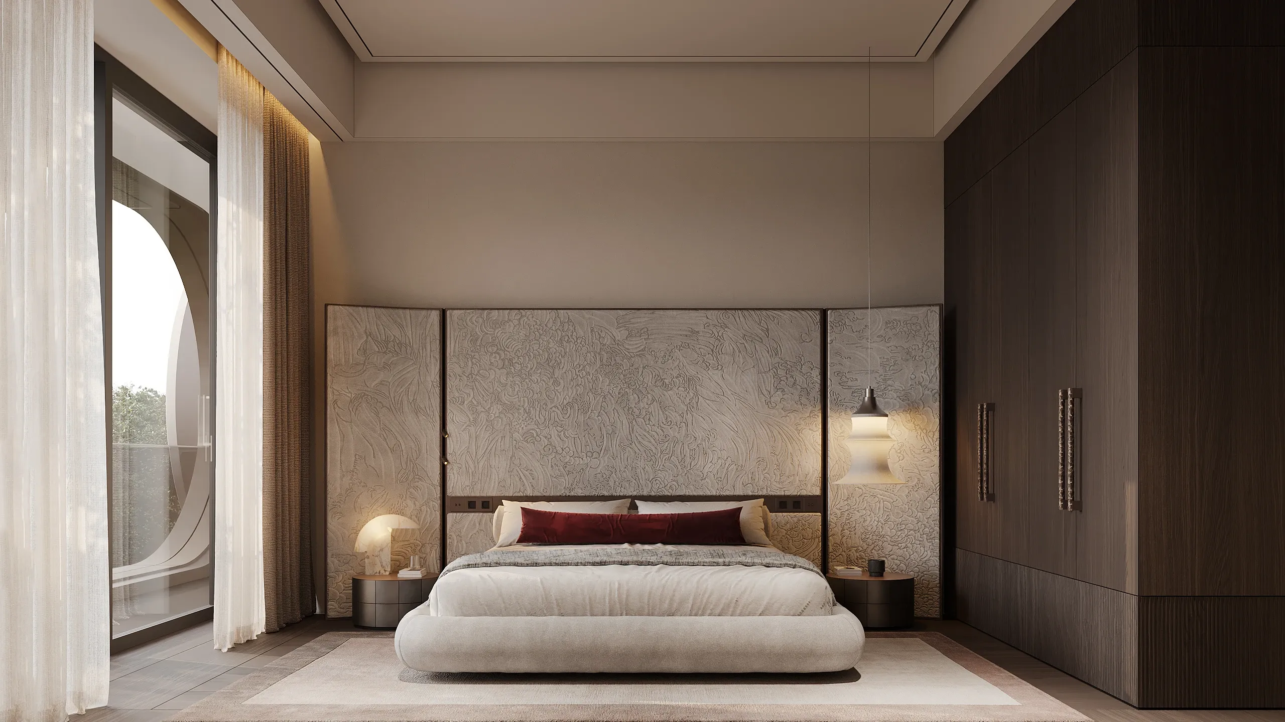 Bedroom with stone headboard, low upholstered bed and dark wood wardrobe, The Horizon Residence, Hong Kong