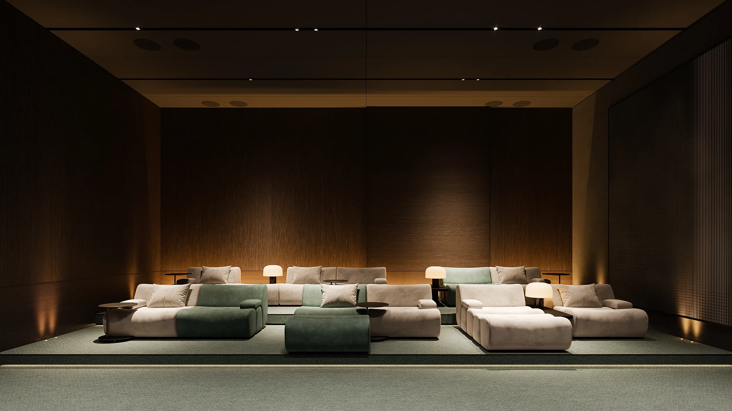 Private cinema lounge with modular sofas and warm wood paneling, The Lagoon Residents' Club, Dubai