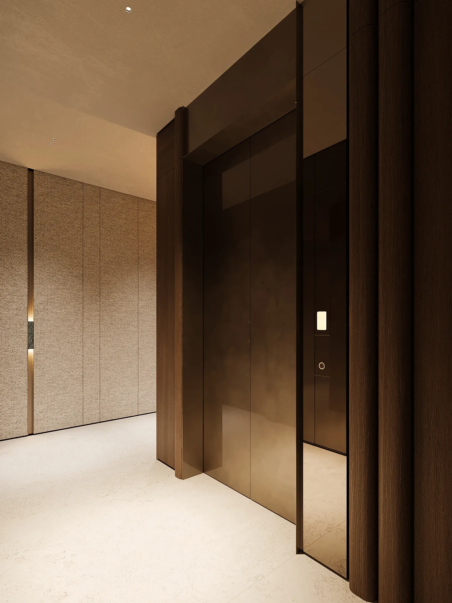 Elevator lobby with bronze metal doors and textured beige wall panels, The Lagoon Residents' Club, Dubai