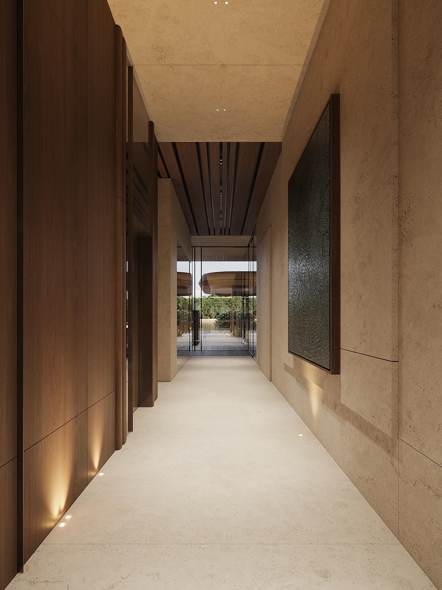 Travertine corridor with wood ceiling slats and framed artwork, The Lagoon Residents' Club, Dubai