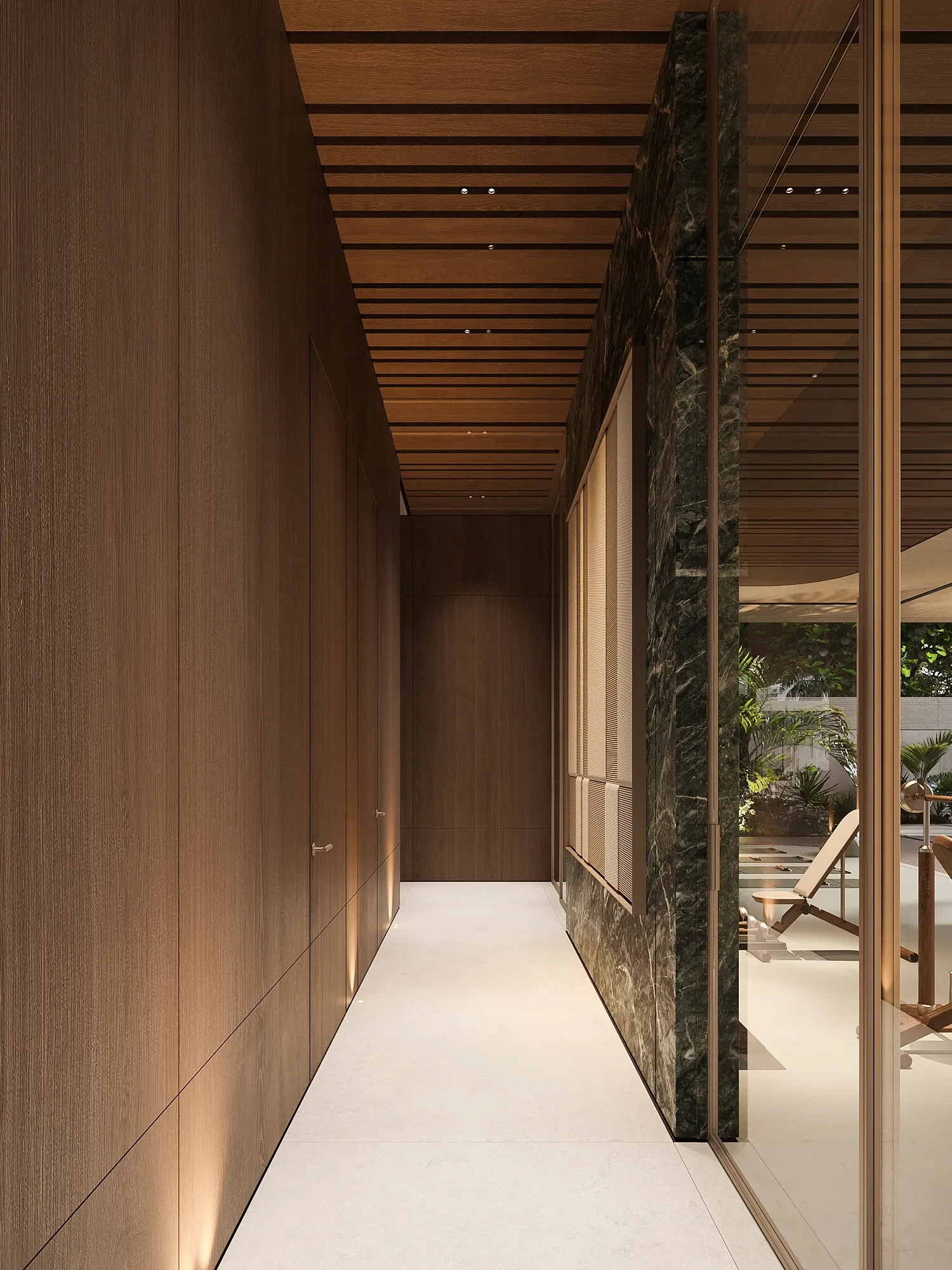 Wood-paneled corridor with green marble column opening to terrace, The Lagoon Residents' Club, Dubai