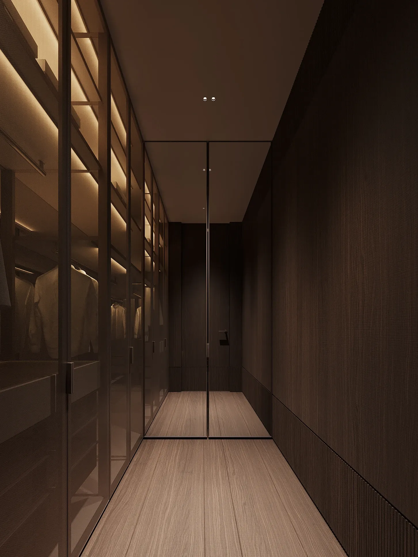 Walk-in closet with backlit glass cabinets and oak floor, The Horizon Residence, Hong Kong