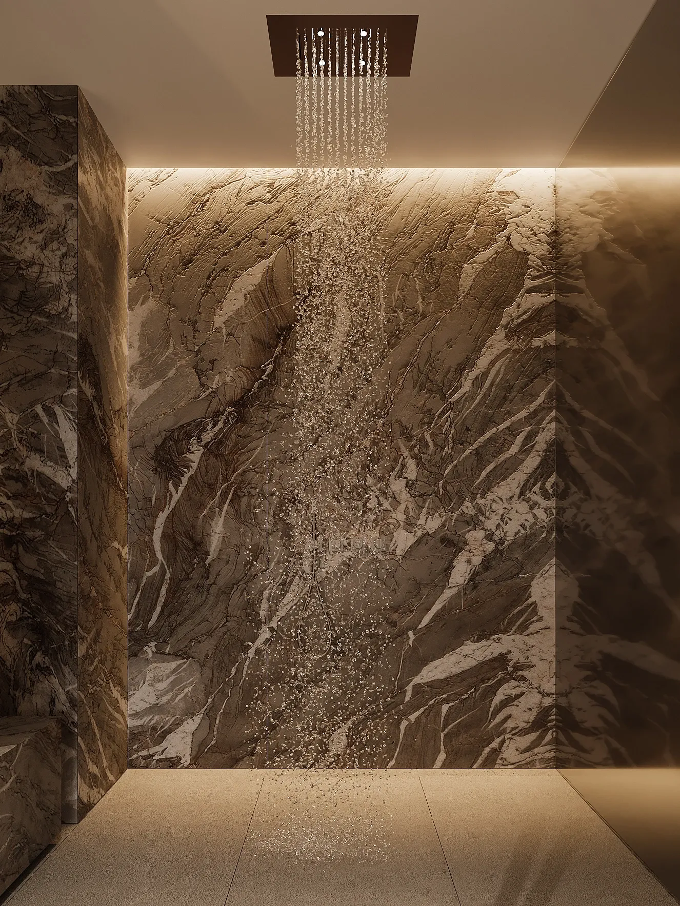 Shower with rainfall head and veined marble walls under warm cove lighting, The Horizon Residence, Hong Kong