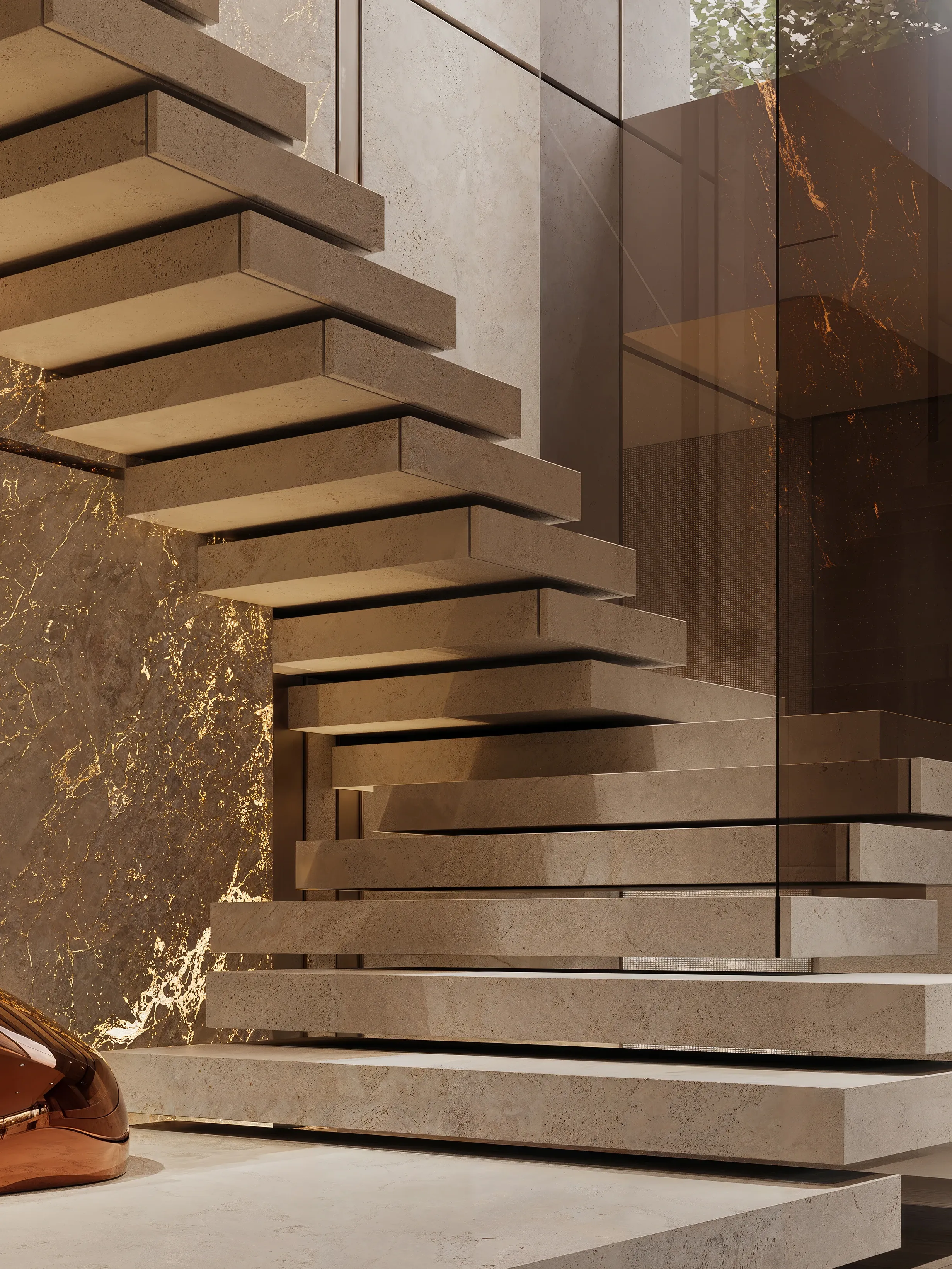 Close-up of cantilevered stone steps and backlit marble wall, The Monolith Penthouse, Warsaw