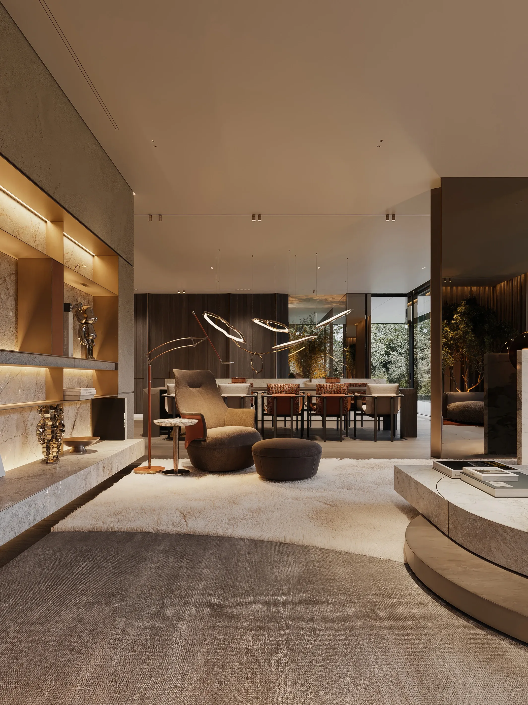 Living and dining area with marble shelving and curved stone table at dusk, The Monolith Penthouse, Warsaw
