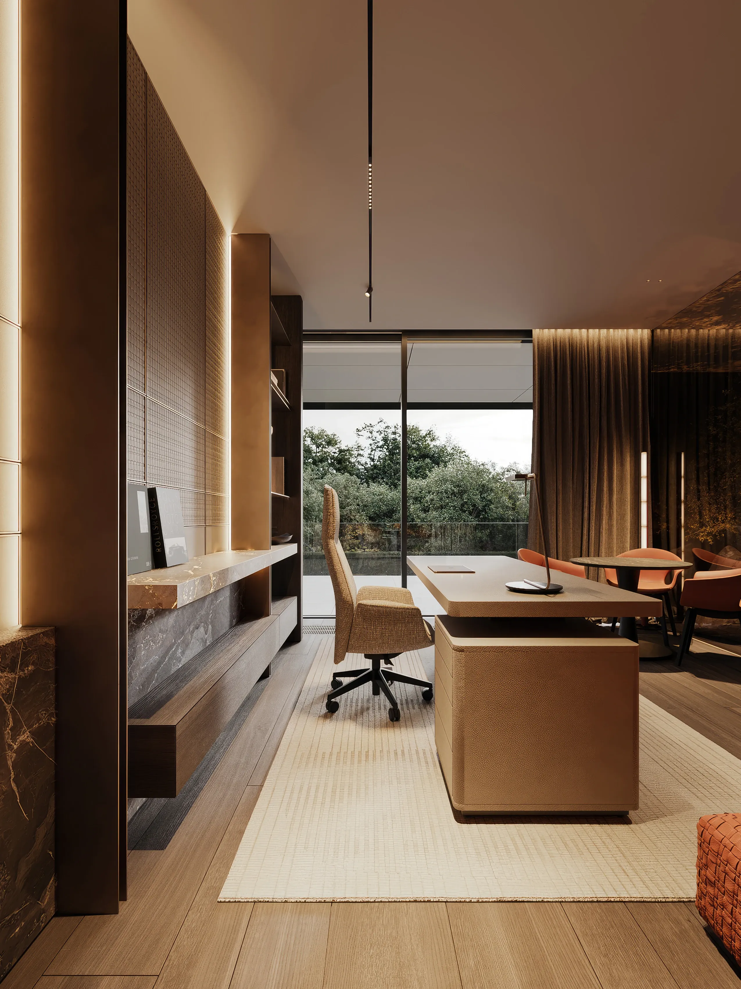 Home office with wood paneling and balcony garden view, The Monolith Penthouse, Warsaw