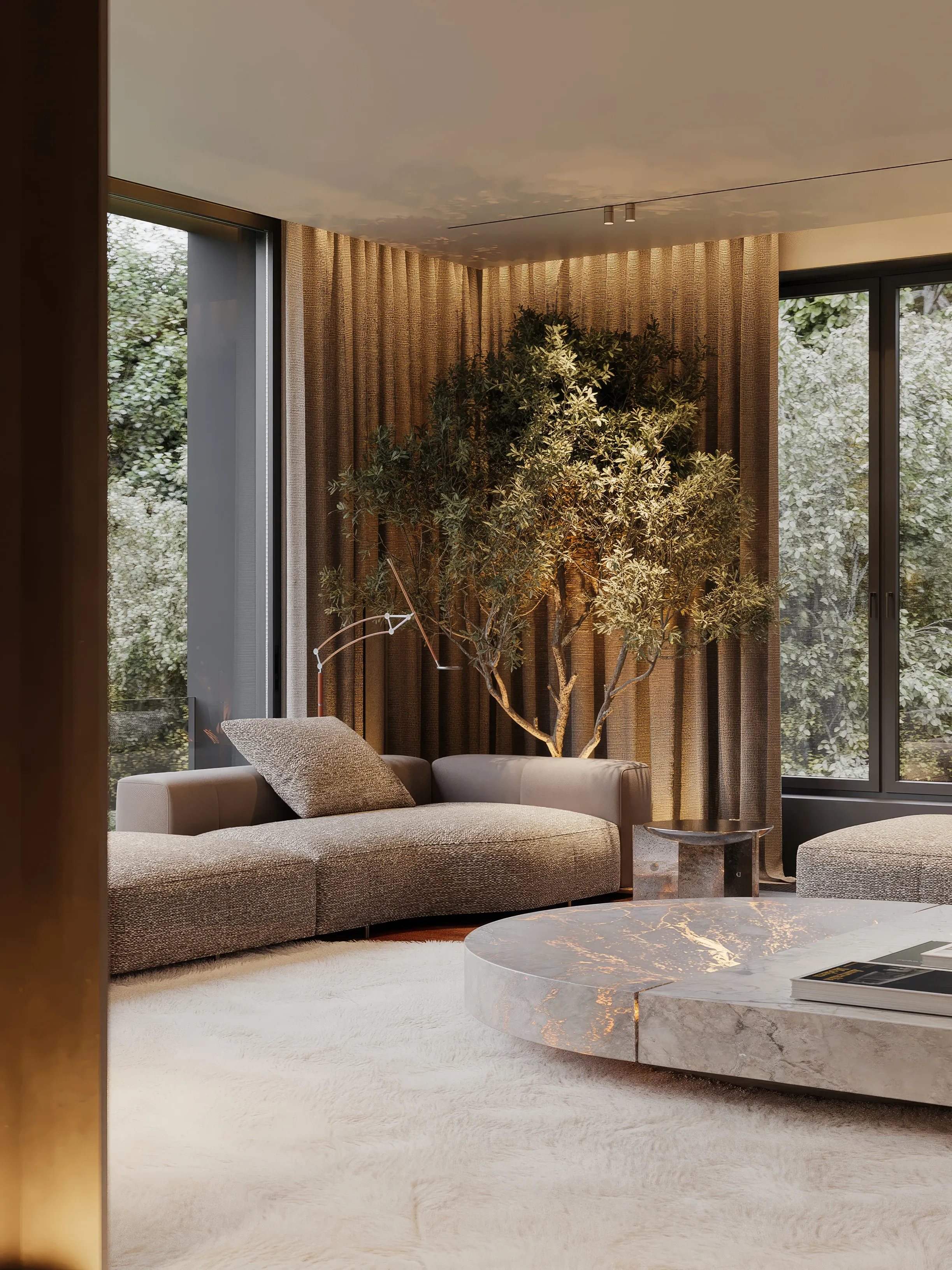 Lounge nook with marble coffee table and indoor tree facing floor-to-ceiling windows, The Monolith Penthouse, Warsaw