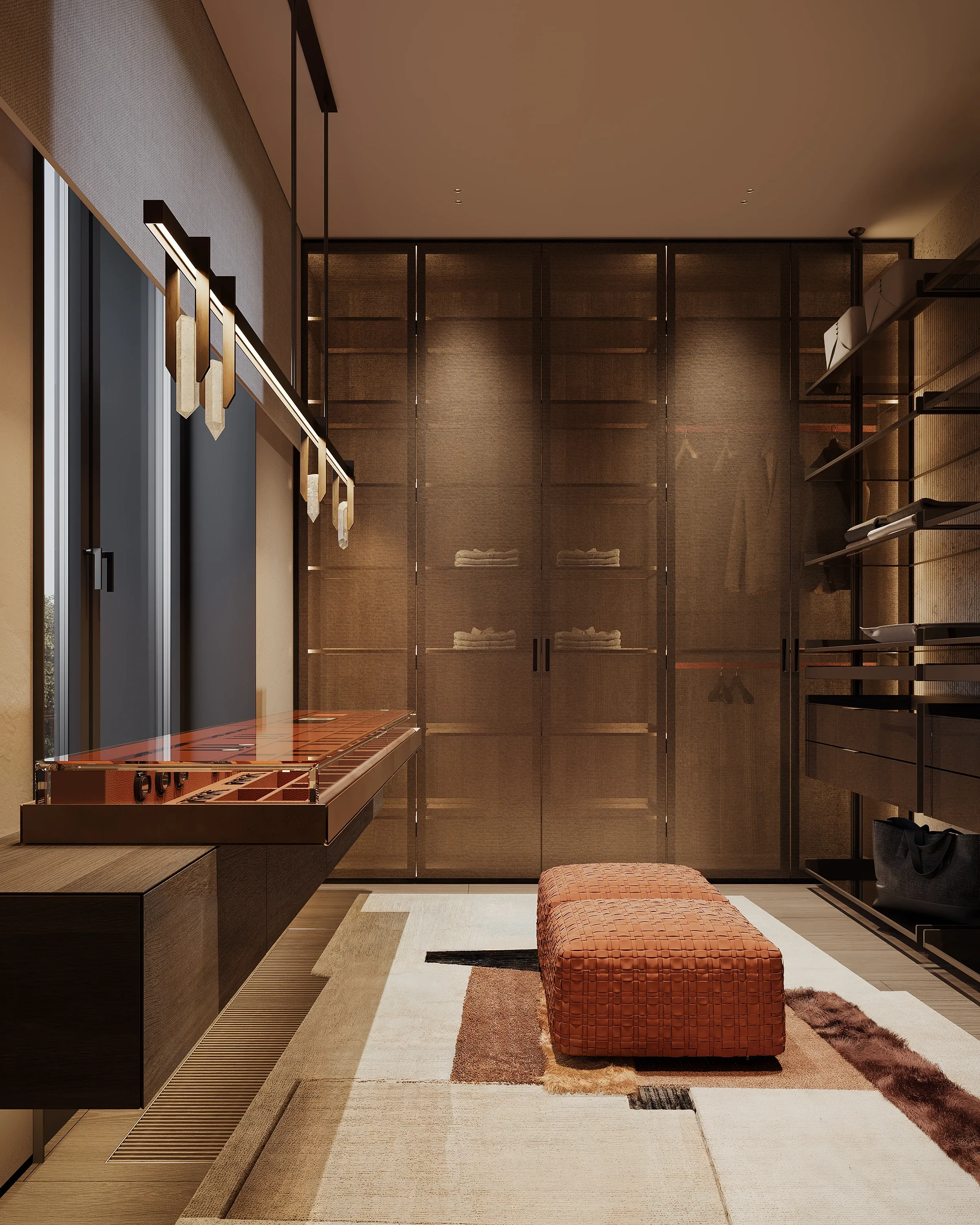 Dressing room view with glass wardrobes and window overlooking greenery, The Monolith Penthouse, Warsaw