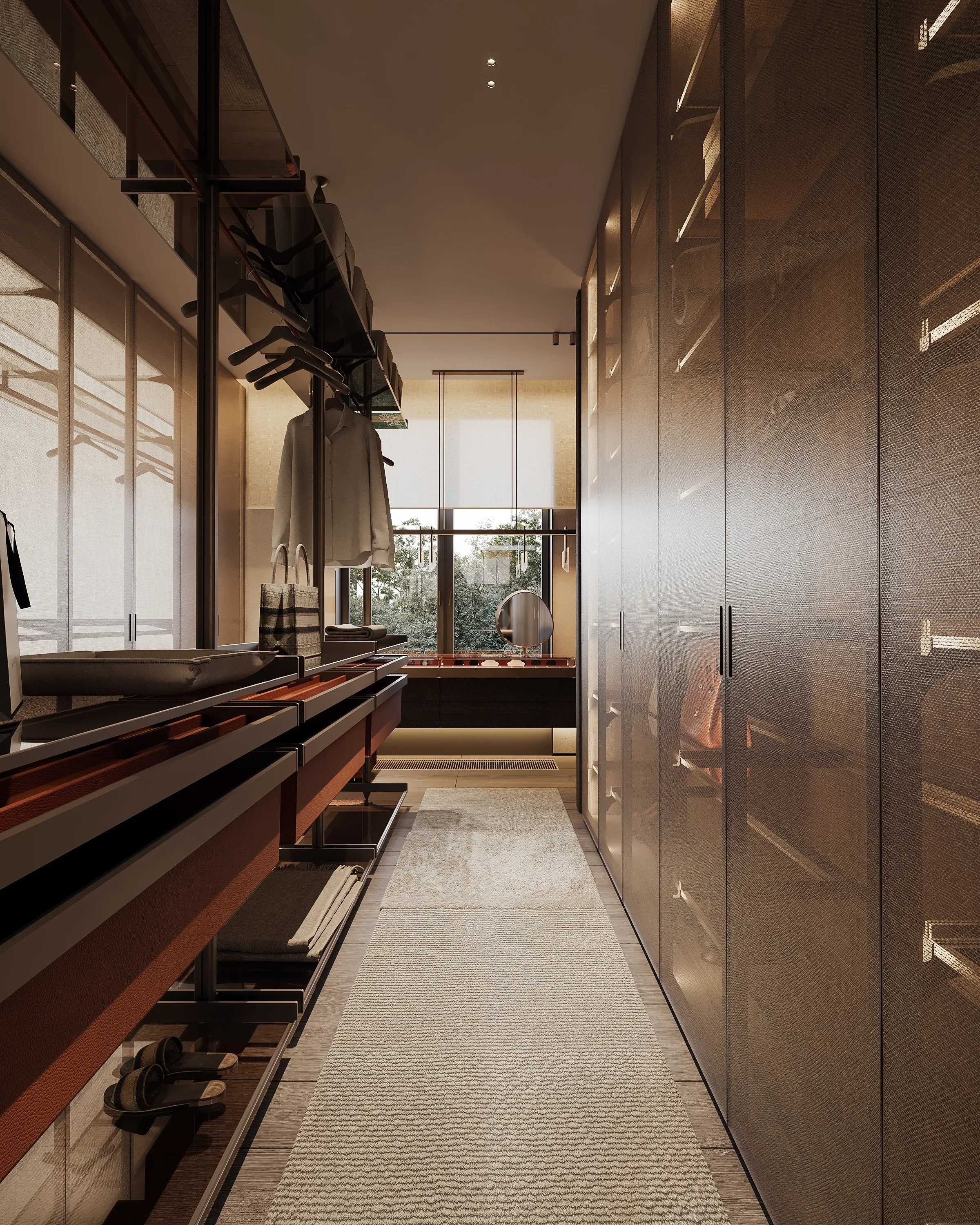 Walk-in closet corridor with textured wardrobes and open hanging rails, The Monolith Penthouse, Warsaw