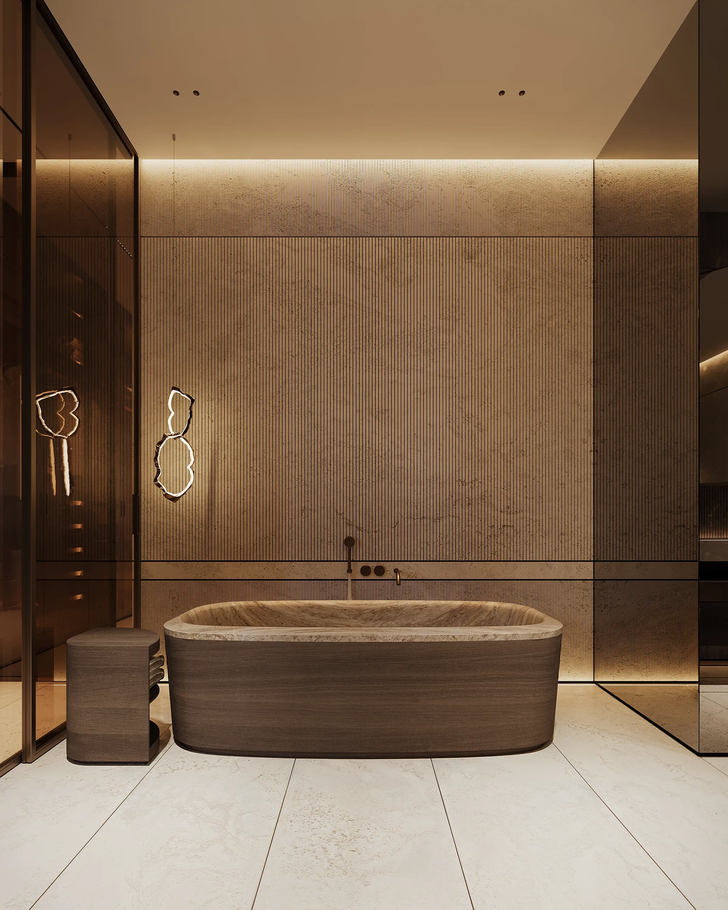 Freestanding wood-clad tub against ribbed stone wall, The Monolith Penthouse, Warsaw