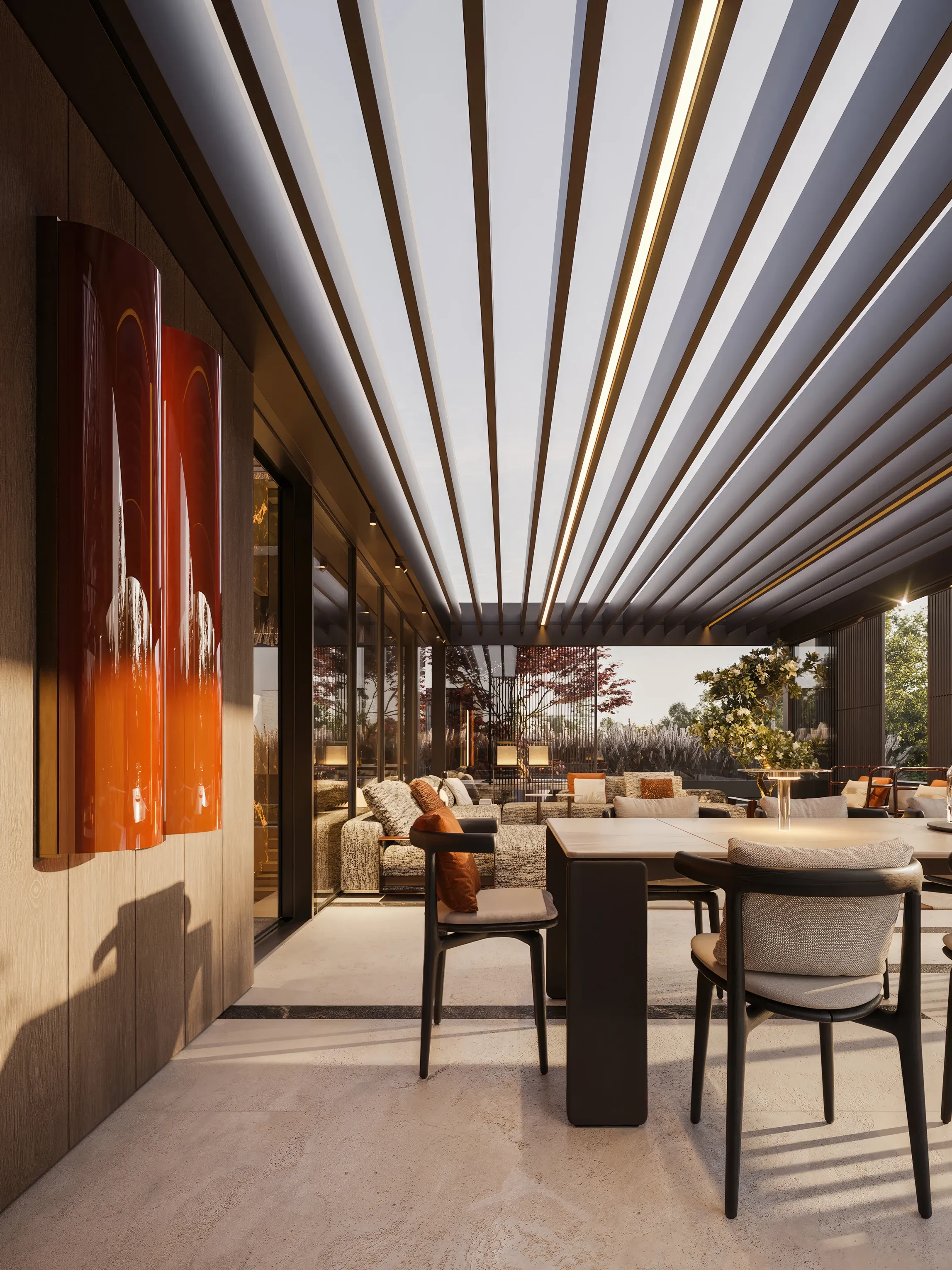 Rooftop terrace dining area under slatted pergola with abstract art, The Monolith Penthouse, Warsaw