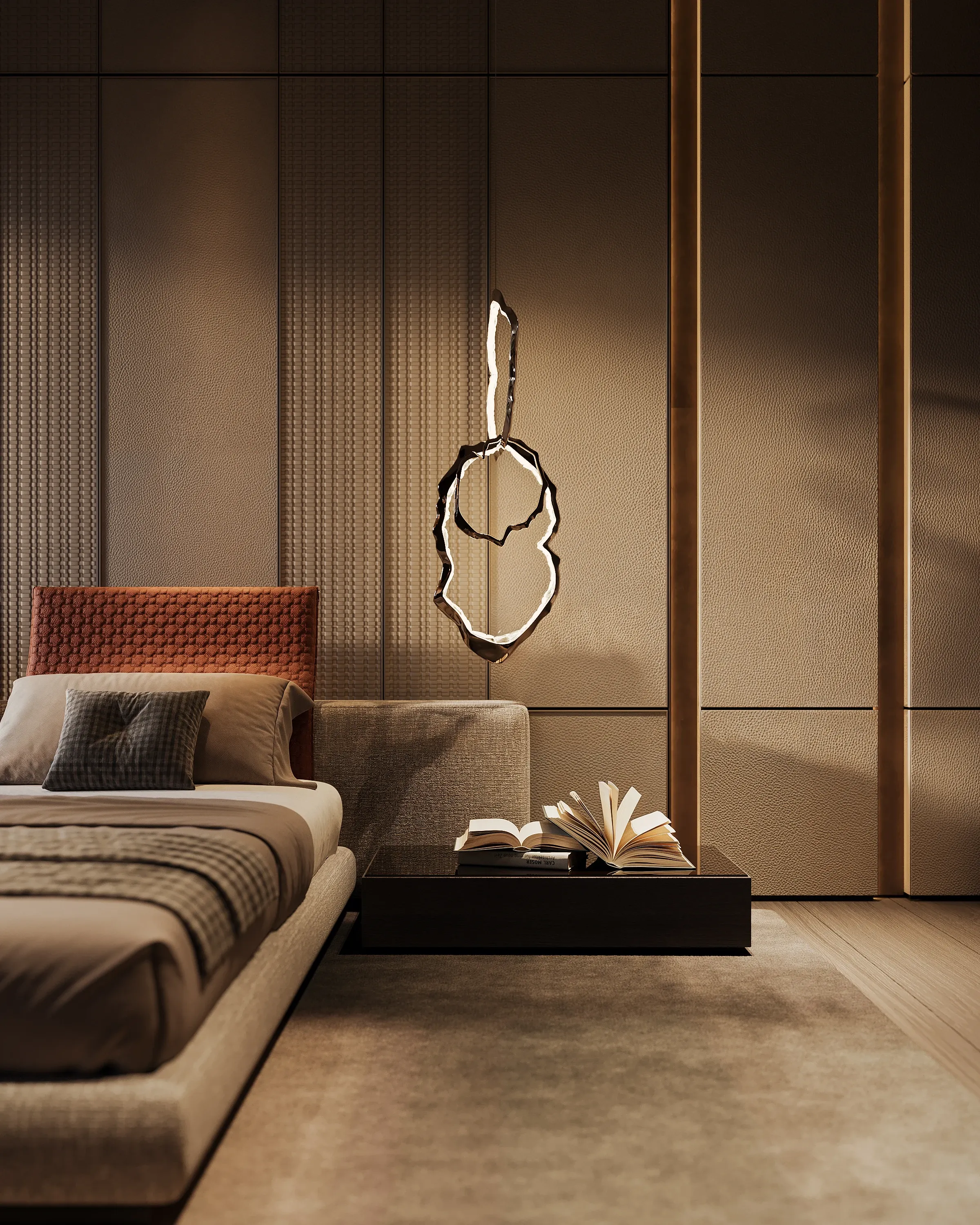 Bedroom nook with woven headboard and sculptural pendant light, The Monolith Penthouse, Warsaw