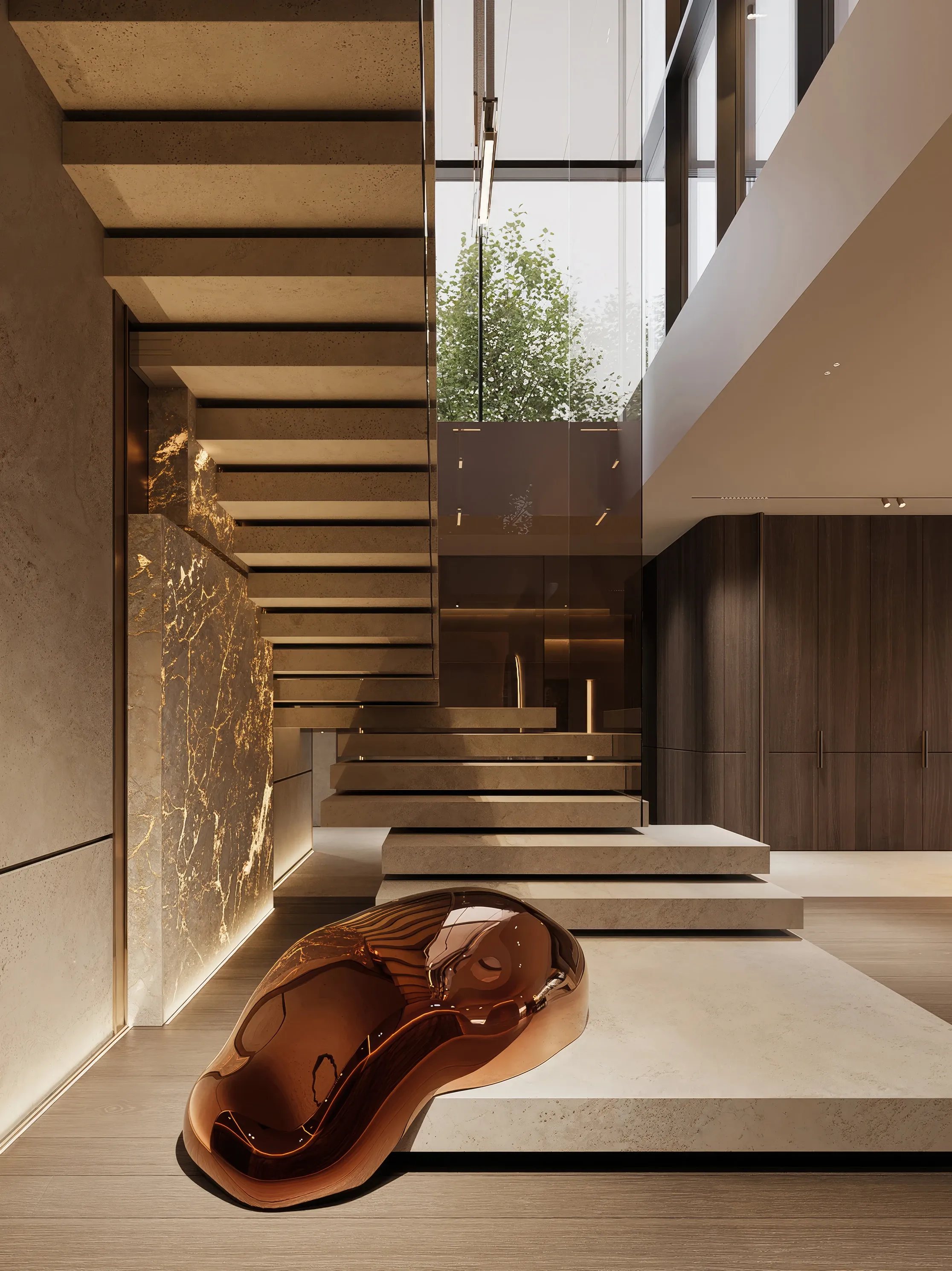 Floating staircase with gold-veined marble wall, The Monolith Penthouse, Warsaw
