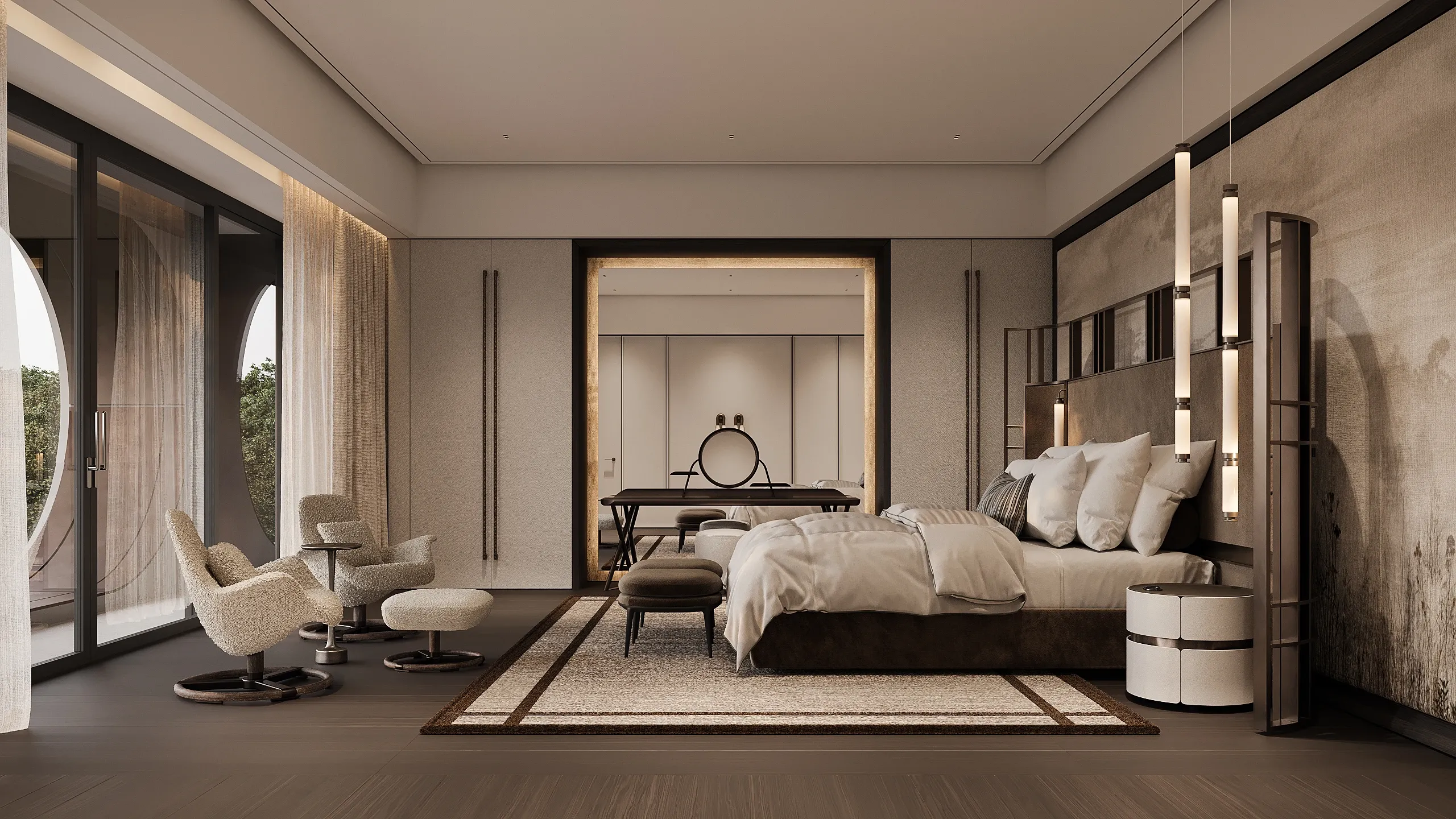 Bedroom suite with dressing alcove, lounge chairs and dark wood floor, The Horizon Residence, Hong Kong