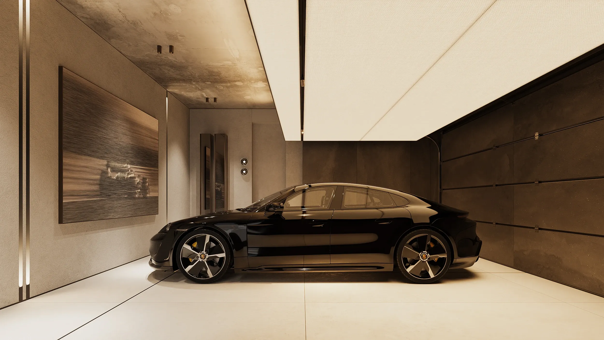 Interior garage with black sedan and backlit ceiling panels, The Evergreen Residence, Warsaw
