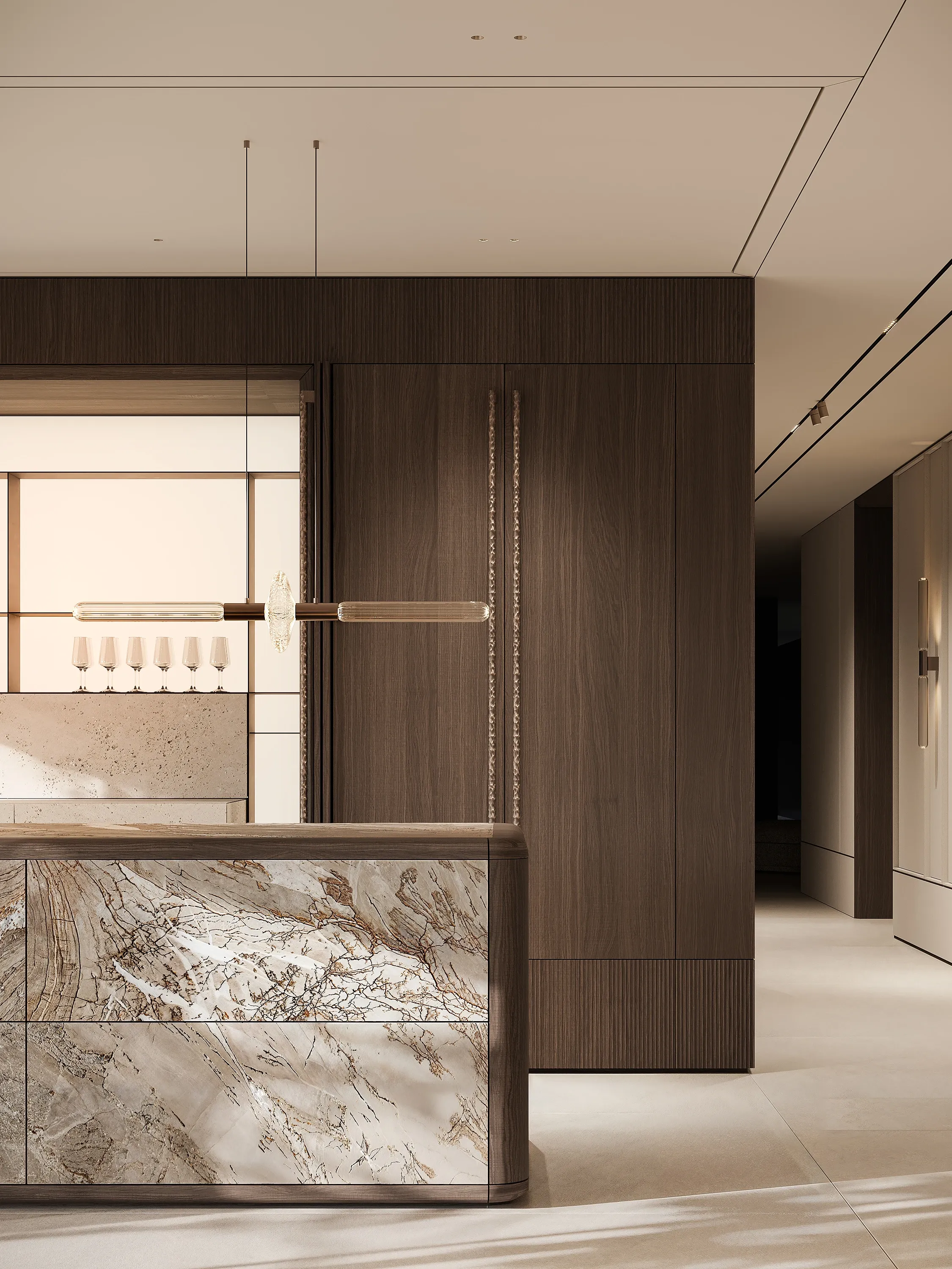 Marble counter beside dark ribbed wood paneling in hallway, The Horizon Residence, Hong Kong