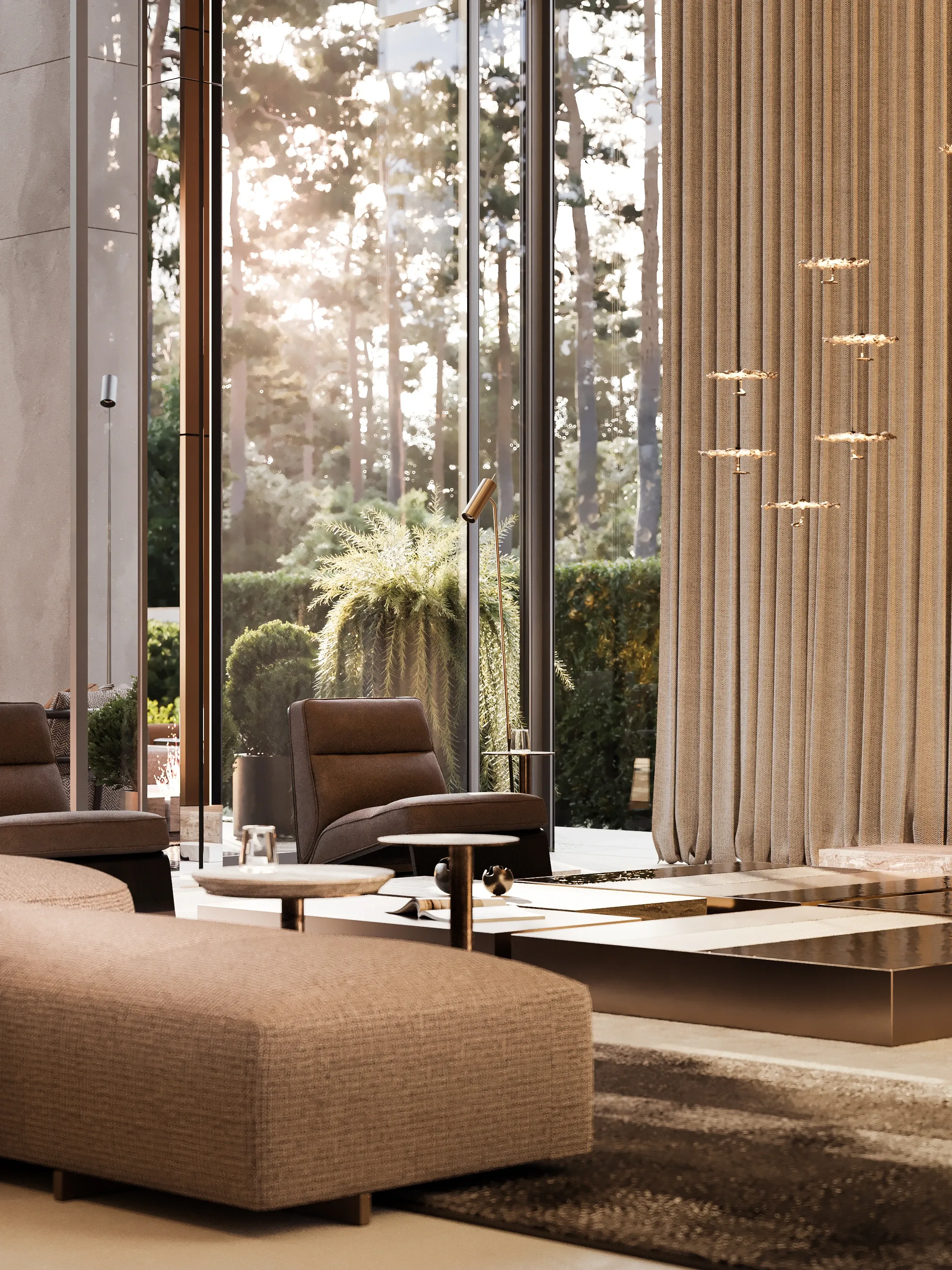 Lounge corner with fluted paneling and glass doors framing garden, The Evergreen Residence, Warsaw