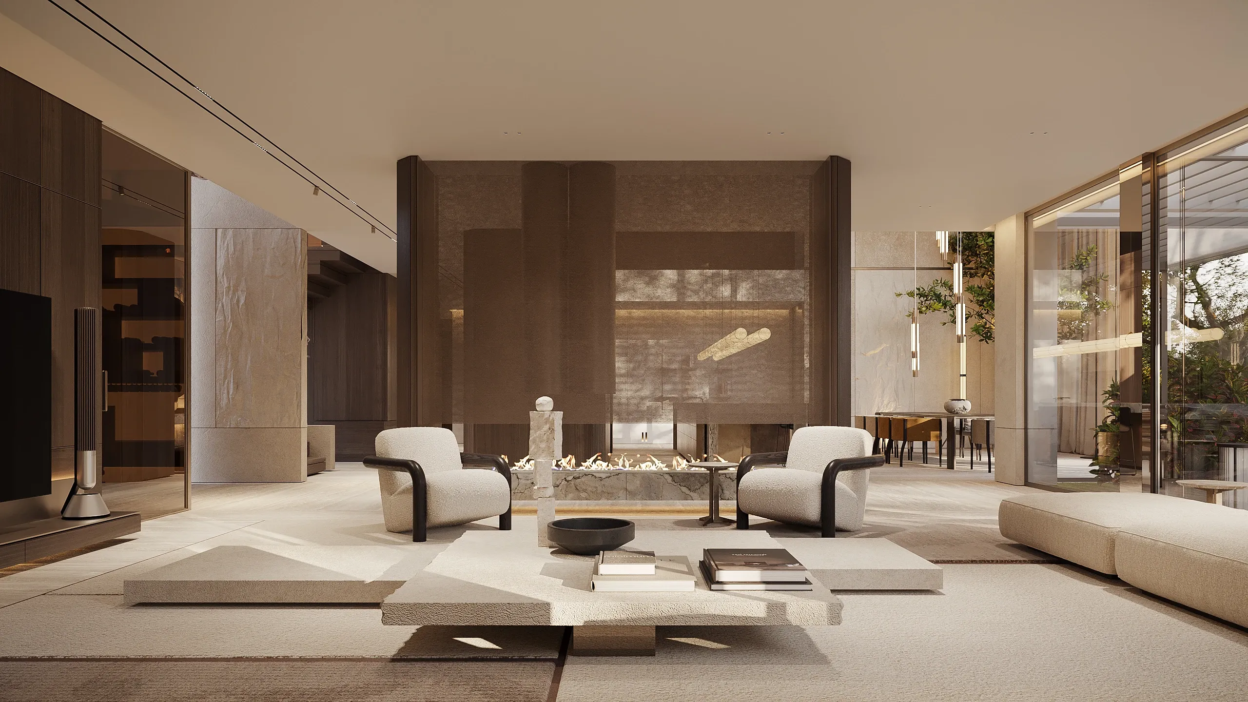 Living room with stone coffee table and linear fireplace facing garden views, The Saucon Valley Residence, Pennsylvania