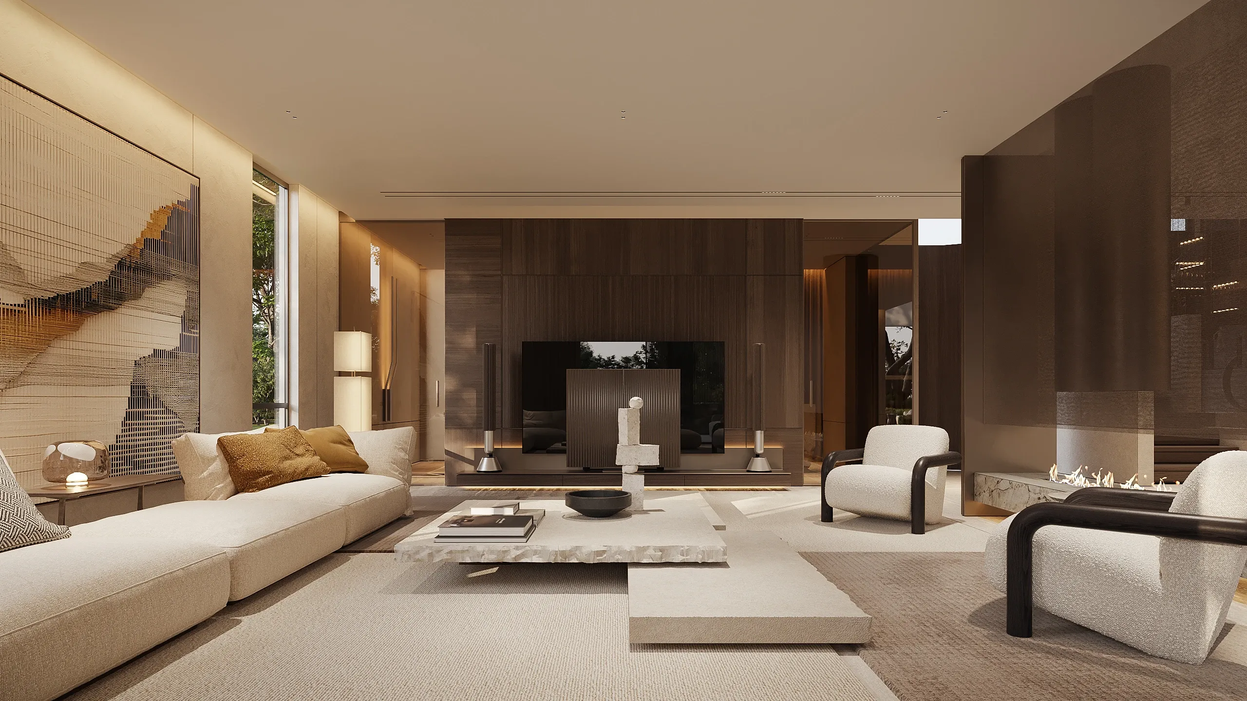 Evening living room with dark wood media wall and glowing fireplace, The Saucon Valley Residence, Pennsylvania
