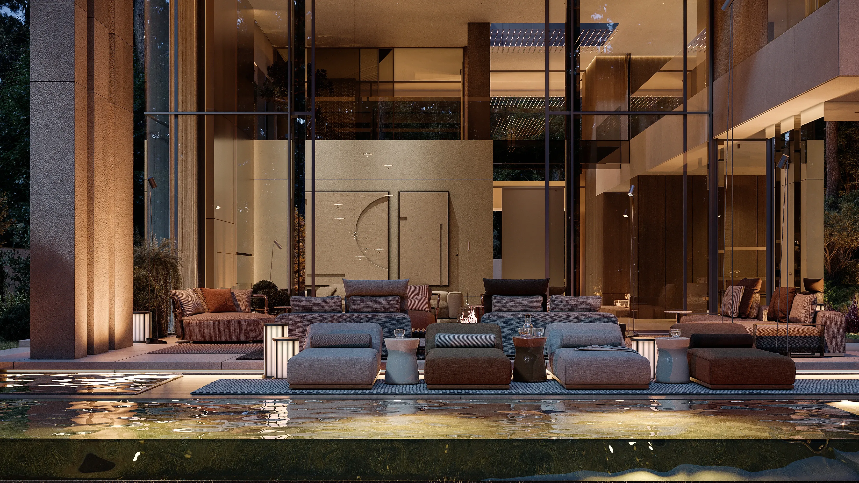Poolside terrace facing glazed double-height living room at dusk, The Evergreen Residence, Warsaw